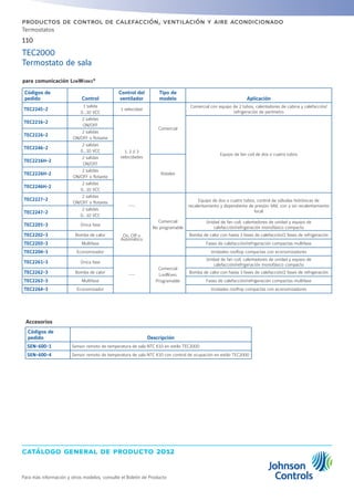 catálogo general de producto 2012
110
Para más información y otros modelos, consulte el Boletín de Producto
productos de control de calefacción, ventilación y aire acondicionado
Termostatos
para comunicación LONWORKS®
Códigos de
pedido Control
Control del
ventilador
Tipo de
modelo Aplicación
TEC2245-2
1 salida
0...10 VCC
1 velocidad
Comercial
Comercial con equipo de 2 tubos, calentadores de cabina y calefacción/
refrigeración de perímetro
TEC2216-2
2 salidas
ON/OFF
1, 2 ó 3
velocidades
Equipo de fan coil de dos o cuatro tubos
TEC2226-2
2 salidas
ON/OFF o flotante
TEC2246-2
2 salidas
0...10 VCC
TEC2216H-2
2 salidas
ON/OFF
HotelesTEC2226H-2
2 salidas
ON/OFF o flotante
TEC2246H-2
2 salidas
0...10 VCC
TEC2227-2
2 salidas
ON/OFF o flotante
---
Comercial
No programable
Equipo de dos o cuatro tubos, control de válvulas hidrónicas de
recalentamiento y dependiente de presión VAV, con y sin recalentamiento
localTEC2247-2
2 salidas
0...10 VCC
TEC2201-3 Única fase
On, Off o
Automático
Unidad de fan coil, calentadores de unidad y equipo de
calefacción/refrigeración monofásico compacto
TEC2202-3 Bomba de calor Bomba de calor con hasta 3 fases de calefacción/2 fases de refrigeración
TEC2203-3 Multifase Fases de calefacción/refrigeración compactas multifase
TEC2204-3 Economizador Unidades rooftop compactas con economizadores
TEC2261-3 Única fase
---
Comercial
LonWorks
Programable
Unidad de fan coil, calentadores de unidad y equipo de
calefacción/refrigeración monofásico compacto
TEC2262-3 Bomba de calor Bomba de calor con hasta 3 fases de calefacción/2 fases de refrigeración
TEC2263-3 Multifase Fases de calefacción/refrigeración compactas multifase
TEC2264-3 Economizador Unidades rooftop compactas con economizadores
Accesorios
Códigos de
pedido Descripción
SEN-600-1 Sensor remoto de temperatura de sala NTC K10 en estilo TEC2000
SEN-600-4 Sensor remoto de temperatura de sala NTC K10 con control de ocupación en estilo TEC2000
TEC2000
Termostato de sala
 
