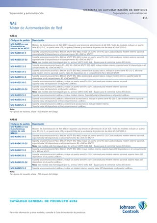 catálogo general de producto 2012
Para más información y otros modelos, consulte la Guía de instalación de productos
115
sistemas de automatización de edificios
Supervisión y automatización
NAE
Motor de Automatización de Red
NAE35
Códigos de pedido Descripción
MS-NAE35xx-xxx
(Características
básicas de los NE35)
Motores de Automatización de Red NAE3: requieren una tensión de alimentación de 24 VCA. Todos los modelos incluyen un puerto
serie RS-232-C, un puerto serie USB, un puerto Ethernet y una batería de protección de datos MS-BAT1020-0.
MS-NAE3510-2
Soporta una comunicación N2 o BACnet MS/TP (RS-485); incluye un puerto serie RS-232-C adicional para módem externo opcional;
soporta hasta 50 dispositivos en el compartimento N2 o BACnet MS/TP.
MS-NAE3510-2U
Soporta una comunicación N2 o BACnet MS/TP (RS-485); incluye un puerto serie RS-232-C adicional para módem externo opcional;
soporta hasta 50 dispositivos en el compartimento N2 o BACnet MS/TP.
Nota: este modelo está homologado por UL, archivo S4977, UUKL 864 - Equipo para el control de humos IX Edición.
MS-NAE3511-2
Soporta una comunicación (puerto RS-485) N2 o BACnet MS/TP (RS-485); incluye módem interno; soporta hasta 50 dispositivos en el
compartimento N2 o BACnet MS/TP.
MS-NAE3514-2
Soporta una comunicación N2 o BACnet MS/TP (RS-485); asistencia de acceso básico; incluye un puerto serie RS-232-C adicional
para módem externo opcional; soporta hasta 50 dispositivos en el compartimento N2 o BACnet MS/TP.
MS-NAE3515-2
Soporta una comunicación N2 o BACnet MS/TP (RS-485); asistencia de acceso básico; incluye módem interno; soporta hasta 50
dispositivos en el compartimento N2 o BACnet MS/TP.
MS-NAE3520-2
Soporta una comunicación LonWorks; incluye un puerto serie RS-232-C adicional para módem externo opcional.
Soporta hasta 64 dispositivos en el puerto LonWorks.
MS-NAE3520-2U
Soporta una comunicación LonWorks; incluye un puerto serie RS-232-C adicional para módem externo opcional.
Soporta hasta 64 dispositivos en el puerto LonWorks.
Nota: este modelo está homologado por UL, archivo S4977, UUKL 864 - Equipo para el control de humos IX Edición.
MS-NAE3521-2 Soporta una comunicación LonWorks; incluye módem interno. Soporta hasta 64 dispositivos en el puerto LonWorks.
MS-NAE3524-2
Soporta una comunicación LonWorks; asistencia de acceso básico; incluye un puerto serie RS-223-C para módem externo opcional.
Soporta hasta 64 dispositivos en los compartimentos LonWorks.
MS-NAE3525-2
Soporta una comunicación LonWorks; asistencia de acceso básico; incluye módem interno.
Soporta hasta 64 dispositivos en los compartimentos LonWorks.
Nota:
Para piezas de repuesto, añada -702 después del código.
NAE45
Códigos de pedido Descripción
MS-NAE45xx-xxx
(Características
básicas de cada
NAE45)
Motores de Automatización de Red NAE45: requieren una tensión de alimentación de 24 VCA. Todos los modelos incluyen un puerto
serie RS-232-C, un puerto serie USB, un puerto Ethernet y una batería de protección de datos MS-BAT1020-0.
MS-NAE4510-2
Soporta una comunicación N2 o BACnet MS/TP (RS-485); incluye un puerto serie RS-232-C adicional para módem externo opcional;
soporta hasta 100 dispositivos en el compartimento N2 o BACnet MS/TP.
MS-NAE4510-2U
Soporta una comunicación N2 o BACnet MS/TP (RS-485); incluye un puerto serie RS-232-C adicional para módem externo opcional;
soporta hasta 100 dispositivos en el compartimento N2 o BACnet MS/TP.
Nota: este modelo está homologado por UL, archivo S4977, UUKL 864 - Equipo para el control de humos IX Edición.
MS-NAE4511-2
Soporta una comunicación N2 o BACnet MS/TP (RS-485); incluye módem interno; soporta hasta 100 dispositivos en el compartimento
N2 o BACnet MS/TP.
MS-NAE4520-2
Soporta una comunicación LonWorks, incluye un puerto serie RS-232-C adicional para módem externo opcional; soporta hasta 127
dispositivos en el puerto LonWorks.
MS-NAE4520-2U
Soporta una comunicación LonWorks, incluye un puerto serie RS-232-C adicional para módem externo opcional; soporta hasta 127
dispositivos en el puerto LonWorks.
Nota: este modelo está homologado por UL, archivo S4977, UUKL 864 - Equipo para el control de humos IX Edición.
MS-NAE4521-2 Soporta una comunicación LonWorks, incluye un módem interno; soporta hasta 127 dispositivos en el puerto LonWorks.
Nota:
Para piezas de repuesto, añada -702 después del código.
Supervisión y automatización
 