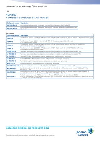 catálogo general de producto 2012
Para más información y otros modelos, consulte la Guía de instalación de productos
126
sistemas de automatización de edificios
VMA1600
Controlador de Volumen de Aire Variable
Códigos de pedido Descripción
MS-VMA1610-0 Controlador/actuador/sensor de presión VAV integrado (sólo refrigeración), Bus FC y Bus SA
MS-VMA1620-0
Controlador/actuador/sensor de presión VAV integrado (con control de ventilador y recalentamiento), Bus
FC y Bus SA
Accesorios
Códigos de pedido Descripción
Y64T15-0
Transformador, Primario 120/208/240 VCA a Secundario 24 VCA, 92, VA, soporte de pie, 750 mm Primario y 750 mm Secundario, Clase
2
Y65A13-0
Transformador, Primario 120 VCA a Secundario 24 VCA, 40, VA, soporte de pie, 200 mm Primario
y 750 mm Secundario, Clase 2
Y65T42-0
Transformador, Primario 120/208/240 VCA a Secundario 24 VCA, 40 VA, matriz de montaje (Y65SP+), 200 mm Primario
y terminales de tornillo secundarios, Clase 2
Y65T31-0
Transformador, Primario 120/208/240 VCA a Secundario 24 VCA, 40 VA, soporte de pie (Y65AR+), 200 mm Primario
y terminales de tornillo secundarios, Clase 2
AP-TBK1002-0 Terminales de tornillo de 2 posiciones que se conectan a los terminales de horquilla de los puntos de salida VMA
AP-TBK1003-0 Terminales de tornillo de 3 posiciones que se conectan a los terminales de horquilla de los puntos de salida VMA
AP-TBK4SA-0 Terminal MS/TP Bus SA de repuesto, conector de 4 posiciones, marrón, solo para fabricantes
AP-TBK4FC-0 Terminal MS/TP Bus SA de repuesto, conector de 4 posiciones, azul, solo para fabricantes
AP-TBK3PW-0 Terminal de energía de repuesto, conector de 3 posiciones, gris, solo para fabricantes
MS-BTCVT-1 Conversor inalámbrico de puesta en servicio con tecnología Bluetooth®
MS-BTCVTCBL- 700 Conjunto de cables de repuesto para MS-BTCVT-1 o NS-ATV7003-0; incluye un cable retráctil de 1,5 m.
MS-ZFR1810-0
Coordinador inalámbrico de Bus de campo, potencia de transmisión de 10 mW. Funciona con los modelos NAE35xx, NAE45xx,
NAE55xx y NCE25xx.
MS-ZFR1811-0
Router inalámbrico de Bus de campo, potencia de transmisión de 10 mW. Funciona con sensores inalámbricos de malla para la
detección de temperatura de sala de las series BACnet FECs, VMA1600s y WRZ-TTx.
MS-ZFRCBL-0
Cableado para uso con router ZFR1811. Permite que el router ZFR1811 funcione con controladores FEC1621
y con los controladores FEC1611, VMA1610 o VMA1620 junto con sensores de la serie NS. Conversor inalámbrico de puesta en servicio
o pantalla de controlador local DIS1710.
 