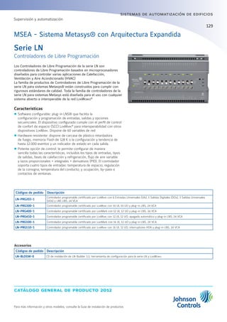 catálogo general de producto 2012
Para más información y otros modelos, consulte la Guía de instalación de productos
sistemas de automatización de edificios
129
Serie LN
Controladores de Libre Programación
Los Controladores de Libre Programación de la serie LN son
controladores de Libre Programación basados en microprocesadores
diseñados para controlar varias aplicaciones de Calefacción,
Ventilación y Aire Acondicionado (HVAC)
La familia de productos de Controladores de Libre Programación de la
serie LN para sistemas Metasys® están construidos para cumplir con
rigurosos estándares de calidad. Toda la familia de controladores de la
serie LN para sistemas Metasys está diseñada para el uso con cualquier
sistema abierto e interoperable de la red LonWorks®.
Características
zz Software configurable: plug-in LNS® que facilita la
configuración y programación de entradas, salidas y opciones
secuenciales. El dispositivo configurado cumple con el perfil de control
de confort de espacio (SCC) LonMark®
para interoperabilidad con otros
dispositivos LonMark. Dispone de 60 variables de red
zz Hardware resistente: dispone de carcasa de plástico retardadora
de fuego, memoria Flash de 128 K o la configuración y tendencia de
hasta 12.000 eventos y un indicador de estado en cada salida.
zz Potente opción de control: le permite configurar de manera
sencilla todas las características, incluidos los tipos de entradas, tipos
de salidas, fases de calefacción y refrigeración, flujo de aire variable
y lazos proporcionales + integrales + derivativos (PID). El controlador
soporta cuatro tipos de entradas: temperatura de espacio; regulación
de la consigna; temperatura del conducto; y ocupación, by-pass o
contactos de ventanas.
Códigos de pedido Descripción
LN-PRG203-1
Controlador programable certificado por LonMark con 6 Entradas Universales (UIs), 5 Salidas Digitales (DOs), 3 Salidas Universales
(UOs) y LNS LNS, 24 VCA
LN-PRG300-1 Controlador programable certificado por LonMark con 10 UI, 10 UO y plug-in LNS, 24 VCA
LN-PRG400-1 Controlador programable certificado por LonMark con 12 UI, 12 UO y plug-in LNS, 24 VCA
LN-PRG410-1 Controlador programable certificado por LonMark con 12 UI, 12 UO, apagado automático y plug-in LNS, 24 VCA
LN-PRG500-1 Controlador programable certificado por LonMark con 16 UI, 12 UO y plug-in LNS, 24 VCA
LN-PRG510-1 Controlador programable certificado por LonMark con 16 UI, 12 UO, interruptores HOA y plug-in LNS, 24 VCA
MSEA - Sistema Metasys® con Arquitectura Expandida
Accesorios
Códigos de pedido Descripción
LN-BLDSW-0 CD de instalación de LN-Builder 3.2, herramienta de configuración para la serie LN y LonWorks
Supervisión y automatización
 