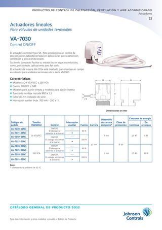13
catálogo general de producto 2012
productos de control de calefacción, ventilación y aire acondicionado
Actuadores
Para más información y otros modelos, consulte el Boletín de Producto
El actuador electrotérmico VA-703x proporciona un control de
dos posiciones (abierta/cerrada) en aplicaciones para calefacción,
ventilación y aire acondicionado.
Su diseño compacto facilita su instalación en espacios reducidos,
como, por ejemplo, aplicaciones para fan coils.
El actuador de la serie VA-703x está diseñado para montaje en campo
en válvulas para unidades terminales de la serie VG6000.
Características
zz Modelos a 24 VCA/VCC y 230 VCA
zz Control ON/OFF o DAT
zz Modelos para acción directa y modelos para acción inversa
zz Tuerca de montaje roscada M30 x 1,5
zz Cable de 2 m instalado de serie
zz Interruptor auxiliar (máx. 700 mA - 250 V~)
VA-7030
Control ON/OFF
Códigos de
pedido
Tensión
(50/60Hz) Control
Interruptor
auxiliar Fuerza Carrera
Desarrollo
de carrera
completo*
Clase de
protección
Consumo de energía
Continua
De
arranque
VA-7030-21NO
24 VCA/VCC
ON/OFF
El vástago se
extiende al activarse
---
80 N
3,5 mm
5 min
IP 44
2,5 W 6 W
VA-7035-21NO Ÿ
VA-7030-21NC ON/OFF
El vástago se contrae
al activarse
---
100 N
VA-7035-21NC Ÿ
VA-7030-23NO
230 VCA
ON/OFF
El vástago se
extiende al activarse
---
80 N
3 min 2,5 W 95 W
VA-7035-23NO Ÿ
VA-7030-23NC ON/OFF
El vástago se contrae
al activarse
---
100 N
VA-7035-23NC Ÿ
Nota
* a temperatura ambiente de 20 ºC
Actuadores lineales
Para válvulas de unidades terminales
Dimensiones en mm
 