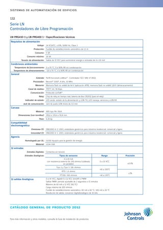 catálogo general de producto 2012
Para más información y otros modelos, consulte la Guía de instalación de productos
132
sistemas de automatización de edificios
Serie LN
Controladores de Libre Programación
LN-PRG410-1 y LN-PRG400 1 - Especificaciones técnicas
Requisitos de alimentación
Voltaje: 24 VCA/CC; ±15%, 50/60 Hz, Clase 2
Protección: Fusible de restablecimiento automático de 2,5 A
Consumo: 5 VA
Consumo máximo: 18 VA
Tensión de alimentación: Salida de 15 VCC para suministrar energía a entradas de 4 a 20 mA
Condiciones ambientales
Temperatura de funcionamiento: 0 a 70 °C; 0 a 90% HR sin condensación
Temperatura de almacenamiento: -20 a 70 °C; 0 a 90% HR sin condensación
General
Estándar Perfil funcional LonMark®
: Controlador SCC-VAV nº 8502
Procesador: Neuron®
3150®
, 8 bits, 10 MHz
Memoria: Memoria flash no volátil de 64 k (aplicación APB); memoria flash no volátil 128 K (almacenamiento)
Canal de medios: TP/FT-10; 78 Kbps
Comunicación: Protocolo LonTalk®
Reloj: Chip de reloj en tiempo real, batería de litio CR2032 (para el reloj)
Indicador de estado: LED verde: estado de la alimentación y LON TX; LED naranja: servicios y LON RX
Jack de comunicación: Jack de audio LON mono de 3,5 mm
Carcasa
Material: ABS tipo PA-765A
Dimensiones (con tornillos): 195,6 x 119,4 x 50,8 mm
Peso: 0,39 kg
Compatibilidad
electromagnética
Emisiones CE: EN61000-6-3: 2001; estándares genéricos para industria residencial, comercial y ligera
Inmunidad CE: EN61000-6-1: 2001; estándares genéricos para industria residencial, comercial y ligera
Agencia
Homologado por UL: UL916 equipos para la gestión de energía
Material: UL94-5VA
12 entradas
Entradas Digitales: Contactos sin tensión
Entradas Analógicas: Tipos de sensores Rango Precisión
4 a 20 mA
con resistencia externa de 249 ohmios (cableada
en paralelo)
0 a 10 VCC
±0.5%
Tipo 2 y Tipo 3: 10k ohmios
-40 a 150°C
RTD: 1 k ohmio
±1%
PT100: 100 ohmios -40 a 135°C
12 salidas Analógicas 0 a 10 VCC, digital 0 a 12 VCC (on/off) o PWM
Salida PWM: período ajustable de 2 segundos a 15 minutos
Máximo de 60 mA a 12 VCC (60 ºC)
Carga máxima de 200 ohmios
Fusible de restablecimiento automático: 60 mA a 60 °C; 100 mA a 20 °C
Resolución de salida: conversor digital/analógico de 10 bits
 
