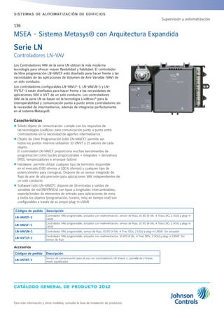 catálogo general de producto 2012
Para más información y otros modelos, consulte la Guía de instalación de productos
sistemas de automatización de edificios
136
Serie LN
Controladores LN-VAV
Los Controladores VAV de la serie LN utilizan la más moderna
tecnología para ofrecer mayor flexibilidad y fiabilidad. El controlador
de libre programación LN-VAVCF está diseñado para hacer frente a las
necesidades de las aplicaciones de Volumen de Aire Variable (VAV) de
un solo conducto.
Los controladores configurables LN-VAVLF-1, LN-VAVLN-1 y LN-
VVTLF-1 están diseñados para hacer frente a las necesidades de
aplicaciones VAV o VVT de un solo conducto. Los controladores
VAV de la serie LN se basan en la tecnología LonWorks®
para la
interoperabilidad y comunicación punto a punto entre controladores sin
la necesidad de intermediarios, además de integrarse perfectamente
en el sistema Metasys®.
Características
zz Sólido objeto de comunicación: cumple con los requisitos de
las tecnologías LonWorks para comunicación punto a punto entre
controladores sin la necesidad de agentes intermediarios
zz Objeto de Libre Programación (sólo LN-VAVCF): permite ver
todos los puntos internos utilizando 10 UNVT y 15 valores de cada
objeto.
El controlador LN-VAVCF proporciona muchas herramientas de
programación como bucles proporcionales + integrales + derivativos
(PID), temporizadores e arranque óptimo
zz Hardware: permite utilizar cualquier tipo de termistor disponible
en el mercado (100 ohmios a 100 k ohmios) y cualquier tipo de
potenciómetro para consignas. Dispone de un sensor integrado de
flujo de aire de alta precisión para aplicaciones VAV independientes de
un solo conducto
zz Software (sólo LN-VAVCF): dispone de 18 entradas y salidas de
variables de red (NVI/NVOs) con tipos y longitudes intercambiables;
soporta bindeo de elementos de entrada para aplicaciones de zona
y todos los objetos (programación, horario, reloj en tiempo real) son
configurables a través de su propio plug-in LNS®
Códigos de pedido Descripción
LN-VAVCF-1
Controlador VAV programable, actuador con realimentación, sensor de flujo, 10 I/O (4 UIs. 4 Triacs DO, 2 UOs) y plug-in
LNS®
LN-VAVLF-1
Controlador VAV programable, actuador con realimentación, sensor de flujo, 10 I/O (4 UIs, 4 Triacs DO, 2 UOs) y plug-in
LNS®
LN-VAVLN-1 Controlador VAV programable, sensor de flujo, 10 I/O (4 UIs. 4 Triac DOs, 2 UOs) y plug-in LNS®. Sin actuador
LN-VVTLF-1
Controlador VAV programable, actuador con realimentación, 10 I/O (4 UIs. 4 Triac DOs, 2 UOs) y plug-in LNS®. Sin
sensor de flujo
MSEA - Sistema Metasys® con Arquitectura Expandida
Accesorios
Códigos de pedido Descripción
LN-VSTAT-1
Sensor de comunicación para el uso con controladores LN-Vxxxx-1, pantalla de 2 líneas,
modo equilibrador
Supervisión y automatización
 