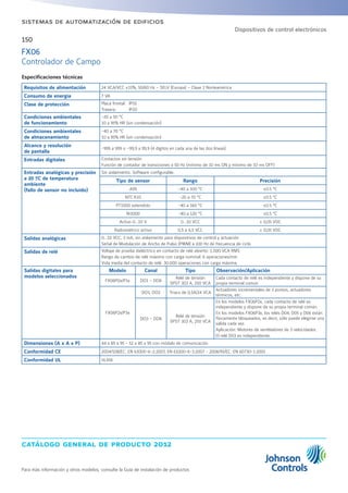 catálogo general de producto 2012
Para más información y otros modelos, consulte la Guía de instalación de productos
150
sistemas de automatización de edificios
FX06
Controlador de Campo
Especificaciones técnicas
Requisitos de alimentación 24 VCA/VCC ±15%, 50/60 Hz – SELV (Europa) – Clase 2 Norteamérica
Consumo de energía 7 VA
Clase de protección Placa frontal: 	IP55
Trasera: 	 IP20
Condiciones ambientales
de funcionamiento
-20 a 50 °C
10 a 95% HR (sin condensación)
Condiciones ambientales
de almacenamiento
-40 a 70 °C
10 a 95% HR (sin condensación)
Alcance y resolución
de pantalla
-999 a 999 o –99,9 a 99,9 (4 dígitos en cada una de las dos líneas)
Entradas digitales Contactos sin tensión
Función de contador de transiciones a 50 Hz (mínimo de 10 ms ON y mínimo de 10 ms OFF)
Entradas analógicas y precisión
a 20 ºC de temperatura
ambiente
(fallo de sensor no incluido)
Sin aislamiento. Software configurable.
Tipo de sensor Rango Precisión
A99 -40 a 100 °C ±0.5 °C
NTC K10 -20 a 70 °C ±0.5 °C
PT1000 extendido -40 a 160 °C ±0.5 °C
Ni1000 -40 a 120 °C ±0.5 °C
Activo 0...10 V 0...10 VCC ± 0,05 VDC
Radiométrico activo 0,5 a 4,5 VCC ± 0,05 VDC
Salidas analógicas 0...10 VCC, 3 mA, sin aislamiento para dispositivos de control y actuación
Señal de Modulación de Ancho de Pulso (PWM) a 100 Hz de frecuencia de ciclo
Salidas de relé Voltaje de prueba dieléctrico en contacto de relé abierto: 1.000 VCA RMS
Rango de cambio de relé máximo con carga nominal: 6 operaciones/min
Vida media del contacto de relé: 30.000 operaciones con carga máxima.
Salidas digitales para
modelos seleccionados
Modelo Canal Tipo Observación/Aplicación
FX06P0x/P1x DO1 – DO6
Relé de tensión
SPST 3(1) A, 250 VCA
Cada contacto de relé es independiente y dispone de su
propia terminal común
FX06P2x/P3x
DO1, DO2 Triacs de 0,5A/24 VCA
Actuadores incrementales de 3 puntos, actuadores
térmicos, etc.
DO3 – DO6
Relé de tensión
SPST 3(1) A, 250 VCA
En los modelos FX06P2x, cada contacto de relé es
independiente y dispone de su propia terminal común
En los modelos FX06P3x, los relés D04, D05 y D06 están
físicamente bloqueados, es decir, sólo puede elegirse una
salida cada vez.
Aplicación: Motores de ventiladores de 3 velocidades.
El relé D03 es independiente.
Dimensiones (A x A x P) 44 x 85 x 95 - 52 x 85 x 95 con módulo de comunicación
Conformidad CE 2004/108/EC: EN 61000-6-2:2007, EN 61000-6-3:2007 - 2006/95/EC: EN 60730-1:2001
Conformidad UL UL916
Dispositivos de control electrónicos
 