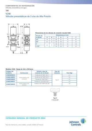 catálogo general de producto 2012
Para más información y otros modelos, consulte el Boletín de Producto
188
componentes de refrigeración
Válvulas presostáticas de agua
V248
Válvulas presostáticas de 3 vías de Alta Presión
Dimensiones de las válvulas de conexión roscada V248
Tamaño de
la válvula
Dimensiones en mm
A B C D E F
1/2” 78 51 220 96 38 86
3/4” 86 55 248 106 44 98
1”
121 71
318 151 52 114
1-1/4” 336 156 60 121
Modelos V248 - Rango de 13,8 a 27,8 bares
Códigos del
producto Construcción
Tamaño y tipo de
conexión de la válvula
Tipo del
elemento Peso (kg)
V248GB1B001C
Acción directa, uso
comercial
Tornillo de 1/2” BSPT, ISO 7
Tipo 5
2,3
V248GC1B001C Tornillo de 3/4” BSPT, ISO 7 3,0
V248GD1B001C Tornillo de 1” BSPT, ISO 7 5,5
V248GE1B001C Tornillo de 1-1/4” BSPT, ISO 7 5,0
V248HC1B001C
Acción directa, uso
marítimo
Tornillo de 3/4” BSPP, ISO 228 3,0
Tipo 5
7/16-20 UNF
 