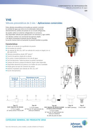 catálogo general de producto 2012
Para más información y otros modelos, consulte el Boletín de Producto
189189
componentes de refrigeración
Válvulas presostáticas de agua
Estas válvulas presostáticas accionadas por presión controlan
la cantidad de agua que entra en el condensador detectando
directamente los cambios de presión en un circuito refrigerante.
Se pueden utilizar en sistemas refrigerantes no corrosivos.
Hay disponibles válvulas para aplicaciones con amoniaco y agua salada.
Las válvulas cuentan con una función de apertura rápida
y se abren al aumentar la presión (acción directa).
La acción inversa (cierre al aumentar la presión) también es posible.
Características
zz Diseño de la válvula con equilibrado de presión
zz Accionadas por presión
zz Las válvulas de 3/8, 1/2 y 3/4” son válvulas de cuerpo en ángulo con un
alto valor de Kv
zz Válvulas presostáticas desde 3/8” hasta 2”
zz Función de apertura rápida de la válvula
zz Sin juntas ni piezas deslizantes en las vías de agua
zz Fácil de desmontar. Todas las piezas se pueden reemplazar
zz Cuerpos de bronce y piezas de aleación níquel-cobre especiales
zz Disponibles elementos de potencia con fuelles de acero inoxidable
zz Amplia gama de tipos de conexión de presión
zz Asientos niquelados para válvulas de 3/8, 1/2 y 3/4”
zz Acción directa/inversa
V46
Tamaño de
la válvula
Dimensiones en mm
A B C D E F
3/8“ 69 153 66 43 18 89
1/2“ 80 170 86 51 27 100
3/4“ 91 183 95 55 36 110
Válvulas presostáticas de 2 vías - Aplicaciones comerciales
Tipo 13
(excl. depresor de válvula)
1: 75 cm capilar
2: Tuerca cónica 7/16-20 UNF
Tipo 34
1: 75 cm capilar
2: Tubo de 1/4” para conexión de
cobre por soldadura
Tipo 50
(incl. depresor de válvula montado
en tuerca cónica torneada)
1: 75 cm capilar
2: Tubo de 1/4” para conexión de
cobre por soldadura
3: anillo de junta de cobre
Tipo 15
1/4-18NPT (hembra)
Tipo 5
7/16-20 UNF
1 2 2a1
B
F
C D
A
E
 