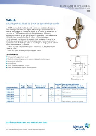 catálogo general de producto 2012
Para más información y otros modelos, consulte el Boletín de Producto
195195
componentes de refrigeración
Válvulas presostáticas de agua
La V46SA es una válvula modulada por la presión con acción directa y abarca
todos los rangos. Se utiliza para regular el flujo de agua a un condensador al
detectar directamente los cambios de presión en un circuito de refrigerante no
corrosivo. La V46SA está especialmente diseñada para ser utilizada en
equipos que requieran un bajo flujo de agua al condensador, como máquinas de
cubitos de hielo, pequeñas bombas de calor y enfriadoras de agua.
La caja del muelle y el elemento de potencia están arrollados al cuerpo de la
válvula. Las juntas y membranas mantienen estancos el muelle de calibración y
la parte del fuelle, de modo que éstos no se sumerjan en el agua, donde estarían
sujetos a sedimentación y corrosión.
La válvula se puede solicitar en los tipos: 5 (sin capilar), 13, 34 y 50 (incluyen
capilar de 75 cm.)
La parte del capilar se entregará separada de la válvula..
Características
zz Válvula diseñada para bajo caudal
zz Muelle de calibración y elemento de potencia para todos los rangos
zz Dimensiones reducidas
zz Presostáticas
zz Varios tipos de conexión al circuito
zz Fuelle resistente a alta presión del refrigerante
Código de pedido
Rango
(bares)
Tipo de
cuerpo
Tamaño de rosca
según ISO 228 Tipo
Longitud
del
capilar
Características adicionales
Es posible cambiar del tipo 13 al
tipo 45A solicitando el KIT031N600
V46SA-9101
5…23 Recto 3/8“
45 A
75
Capilar soldado al elemento de potencia
V46SA-9110 50 Capilar separado
V46SA-9300 5 --- ---
V46SA-9600 13
75
Capilar separado
V46SA-9950
34
---
V46SA-9951 Capilar soldado al elemento de potencia
V46SA
Válvulas presostáticas de 2 vías de agua de bajo caudal
Dimensiones en mm
 