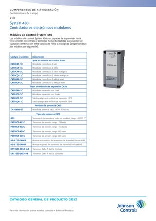 catálogo general de producto 2012
Para más información y otros modelos, consulte el Boletín de Producto
210
componentes de refrigeración
Controladores de campo
Código de pedido Descripción
Tipos de módulo de control C450
C450CBN-1C Módulo de control con 1 relé
C450CCN-1C Módulo de control con 2 relés
C450CPN-1C Módulo de control con 1 salida analógica
C450CQN-1C Módulo de control con 2 salidas analógicas
C450RBN-1C Módulo de control con 1 relé de reset
C450RCN-1C Módulo de control con 2 relés de reset
Tipos de módulo de expansión C450
C450SBN-1C Módulo de expansión con 1 relé
C450SCN-1C Módulo de expansión con 2 relés
C450SPN-1C Salida analógica de módulo de expansión 1 (PI)
C450SQN-1C Salida analógica de módulo de expansión 2 (PI)
Módulo de potencia C450
C450YNN-1C Módulo de potencia 230 / 24 VCA 50/60 Hz
Tipos de sensores C450
A99 Sensores de temperatura, todos los modelos, rango -40/120 °C
P499RCP-401C Transmisor de presión, rango -1/8 bares
P499RCP-402C Transmisor de presión, rango -1/15 bares
P499RCP-404C Transmisor de presión, rango 0/30 bares
P499RCP-405C Transmisor de presión, rango 0/50 bares
HE-67S3-0N00P Montaje en conducto del transmisor de humedad (incluye A99)
HE-67S3-0N0BP Montaje en pared del transmisor de humedad (incluye A99)
DPT2650-0R5D-AB Transmisor Delta P de 0 a 1 mbares
DPT2650-0I0D-AB Transmisor Delta P de 0 a 25 mbares
System 450
Controladores electrónicos modulares
Módulos de control System 450
Los módulos de control System 450 son capaces de supervisar hasta
tres sensores de entrada y controlar hasta diez salidas que pueden ser
cualquier combinación entre salidas de relés y analógicas (proporcionadas
por módulos de expansión).
 