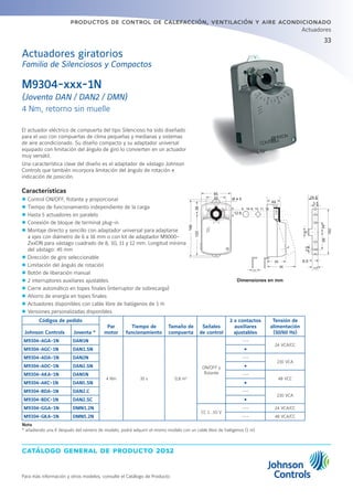33
catálogo general de producto 2012
productos de control de calefacción, ventilación y aire acondicionado
Actuadores
Para más información y otros modelos, consulte el Catálogo de Producto
M9304-xxx-1N
(Joventa DAN / DAN2 / DMN)
4 Nm, retorno sin muelle
El actuador eléctrico de compuerta del tipo Silencioso ha sido diseñado
para el uso con compuertas de clima pequeñas y medianas y sistemas
de aire acondicionado. Su diseño compacto y su adaptador universal
equipado con limitación del ángulo de giro lo convierten en un actuador
muy versátil.
Una característica clave del diseño es el adaptador de vástago Johnson
Controls que también incorpora limitación del ángulo de rotación e
indicación de posición.
Características
zz Control ON/OFF, flotante y proporcional
zz Tiempo de funcionamiento independiente de la carga
zz Hasta 5 actuadores en paralelo
zz Conexión de bloque de terminal plug-in
zz Montaje directo y sencillo con adaptador universal para adaptarse
a ejes con diámetro de 6 a 16 mm o con kit de adaptador M9000-
ZxxDN para vástago cuadrado de 8, 10, 11 y 12 mm. Longitud mínima
del vástago: 45 mm
zz Dirección de giro seleccionable
zz Limitación del ángulo de rotación
zz Botón de liberación manual
zz 2 interruptores auxiliares ajustables
zz Cierre automático en topes finales (interruptor de sobrecarga)
zz Ahorro de energía en topes finales
zz Actuadores disponibles con cable libre de halógenos de 1 m
zz Versiones personalizadas disponibles
Códigos de pedido
Par
motor
Tiempo de
funcionamiento
Tamaño de
compuerta
Señales
de control
2 x contactos
auxiliares
ajustables
Tensión de
alimentación
(50/60 Hz)Johnson Controls Joventa *
M9304-AGA-1N DAN1N
4 Nm 35 s 0,8 m2
ON/OFF y
flotante
---
24 VCA/CC
M9304-AGC-1N DAN1.SN Ÿ
M9304-ADA-1N DAN2N ---
230 VCA
M9304-ADC-1N DAN2.SN Ÿ
M9304-AKA-1N DAN5N ---
48 VCC
M9304-AKC-1N DAN5.SN Ÿ
M9304-BDA-1N DAN2.C ---
230 VCA
M9304-BDC-1N DAN2.SC Ÿ
M9304-GGA-1N DMN1.2N
CC 1...10 V
--- 24 VCA/CC
M9304-GKA-1N DMN5.2N --- 48 VCA/CC
Nota
* añadiendo una K después del número de modelo, podrá adquirir el mismo modelo con un cable libre de halógenos (1 m)
Dimensiones en mm
Actuadores giratorios
Familia de Silenciosos y Compactos
60 30
0
Ø 4 5
12 6
6...16 8, 10, 11, 12
55
85
166
12036
44
25.5
3 5
90
11
65
150
5934
635
8.5
17
 