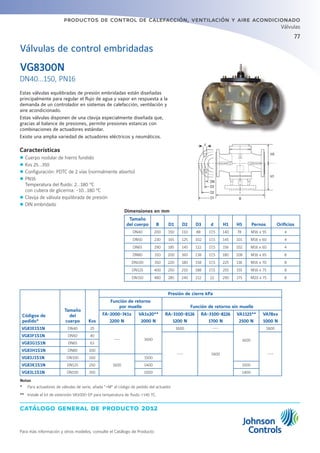 catálogo general de producto 2012
Para más información y otros modelos, consulte el Catálogo de Producto
productos de control de calefacción, ventilación y aire acondicionado
77
Válvulas
VG8300N
DN40...150, PN16
Estas válvulas equilibradas de presión embridadas están diseñadas
principalmente para regular el flujo de agua y vapor en respuesta a la
demanda de un controlador en sistemas de calefacción, ventilación y
aire acondicionado.
Estas válvulas disponen de una clavija especialmente diseñada que,
gracias al balance de presiones, permite presiones estancas con
combinaciones de actuadores estándar.
Existe una amplia variedad de actuadores eléctricos y neumáticos.
Características
zz Cuerpo nodular de hierro fundido
zz Kvs 25...350
zz Configuración: PDTC de 2 vías (normalmente abierto)
zz PN16
Temperatura del fluido: 2...180 °C
con cubera de glicerina: -10...180 °C
zz Clavija de válvula equilibrada de presión
zz DIN embridado
Dimensiones en mm
Tamaño
del cuerpo B D1 D2 D3 d H1 H5 Pernos Orificios
DN40 200 150 110 88 17,5 140 78 M16 x 55 4
DN50 230 165 125 102 17,5 145 101 M16 x 60 4
DN65 290 185 145 122 17,5 156 102 M16 x 60 4
DN80 310 200 160 138 17,5 180 108 M16 x 65 8
DN100 350 220 180 158 17,5 225 136 M16 x 70 8
DN125 400 250 210 188 17,5 255 155 M16 x 75 8
DN150 480 285 240 212 22 290 175 M20 x 75 8
Válvulas de control embridadas
Códigos de
pedido*
Tamaño
del
cuerpo Kvs
Presión de cierre kPa
Función de retorno
por muelle Función de retorno sin muelle
FA-2000-741x
2200 N
VA1x20**
2000 N
RA-3100-8126
1200 N
RA-3100-8226
1700 N
VA1125**
2500 N
VA78xx
1000 N
VG83E1S1N DN40 25
--- 1600
1600 ---
1600
1600
VG83F1S1N DN50 40
--- 1600 ---
VG83G1S1N DN65 63
VG83H1S1N DN80 100
VG83J1S1N DN100 160
1600
1500
VG83K1S1N DN125 250 1400 1500
VG83L1S1N DN150 350 1000 1400
Notas
* 	 Para actuadores de válvulas de serie, añada +M al código de pedido del actuador
** 	 Instale el kit de extensión VA1000-EP para temperatura de fluido 140 ºC.
 