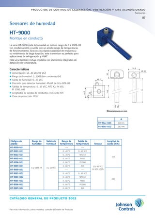 catálogo general de producto 2012
Para más información y otros modelos, consulte el Boletín de Producto
productos de control de calefacción, ventilación y aire acondicionado
87
Sensores
La serie HT-9000 mide la humedad en todo el rango de 0 a 100% HR
(sin condensación) y cuenta con un amplio rango de temperaturas
de funcionamiento. Gracias a su rápida capacidad de respuesta y
su rendimiento de larga duración, este transmisor es perfecto para
aplicaciones de refrigeración y HVAC.
Esta serie también incluye modelos con elementos integrados de
detección de temperatura.
Características
zz Alimentación: 12...30 VCC/24 VCA
zz Rango de humedad: 0...100% (sin condensación)
zz Salida de humedad: 0...10 VCC
zz Precisión para detectar humedad: 4% HR de 10 a 90% HR
zz Salidas de temperatura: 0...10 VCC, NTC K2, Pt 100,
Pt 1000, A99
zz Longitudes de sondas de conductos: 153 a 230 mm
zz Clase de protección: IP30
HT-9000
Montaje en conducto
Sensores de humedad
Códigos de
pedido
Rango de
humedad
Salida de
humedad
Rango de
temperatura
Salida de
temperatura Tensión
Longitud de
sonda (mm)
HT-9000-UD1
0 a 100% HR 0 a 10 VCC
--- ---
12 a 30 VCC
24 VCA +15%
153
HT-9001-UD1 0…40 °C 0…10 VCC
HT-9003-UD1 0…40 °C NTC K2
HT-9005-UD1 0…60 °C Pt100
HT-9006-UD1 0…60 °C Pt1000
HT-9009-UD1 0…60 °C A99
HT-9000-UD2 --- ---
230
HT-9001-UD2 0…40 °C 0…10 VCC
HT-9003-UD2 0…40 °C NTC K2
HT-9005-UD2 0…60 °C Pt100
HT-9006-UD2 0…60 °C Pt1000
HT-9009-UD2 0…60 °C A99
A
HT-90xx-UD1 153 mm
HT-90xx-UD2 230 mm
Dimensiones en mm
 