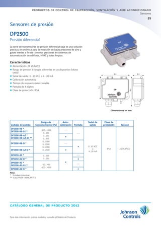 catálogo general de producto 2012
Para más información y otros modelos, consulte el Boletín de Producto
productos de control de calefacción, ventilación y aire acondicionado
89
Sensores
Sensores de presión
DP2500
Presión diferencial
La serie de transmisores de presión diferencial baja es una solución
precisa y económica para la medición de bajas presiones de aire y
gases inertes a fin de controlar presiones en sistemas de
automatización de edificios, HVAC y salas limpias.
Características
zz Alimentación: 24 VCA/VCC
zz Rango de presión: 8 rangos diferentes en un dispositivo (véase
tabla)
zz Señal de salida: 0...10 VCC o 4...20 mA
zz Calibración automática
zz Tiempo de respuesta seleccionable
zz Pantalla de 4 dígitos
zz Clase de protección: IP54
Códigos de pedido
Rango de
funcionamiento (Pa)
Auto-
calibración Pantalla
Señal de
salida
Clase de
protección Tensión
DP2500-R8 *
DP2500-R8-01 **
-100...+100
0...100
0...250
0...500
0...1000
0...1500
0...2000
0...2500
---
---
0...10 VCC
o
4...20 mA
IP54 24 VCA/VCC
DP2500-R8-AZ *
DP2500-R8-AZ-01 ** Ÿ
DP2500-R8-D * ---
Ÿ
DP2500-R8-AZ-D * Ÿ
DP0250-AZ * 0…100
0...250
Ÿ
---
DP0250-AZ-D * Ÿ
DP0100-AZ *
DP0100-AZ-01 ** -50...+50
-100...+100
---
DP0100-AZ-D * Ÿ
Nota:
* 	Embalaje individual
** 	SOLO PARA FABRICANTES
DP
90.0 36.0
71.5
95.0
Dimensiones en mm
 
