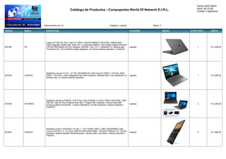 Catálogo de Productos - Compupartes World Of Network E.I.R.L.
Fecha:16/01/2023
Hora: 09:10:28
Ciudad: Cajamarca
Seleccionados por: i5 Categoria: Laptops Marca: 0
CODIGO MARCA DESCRIPCION CATEGORIA IMAGEN STOCK TOTAL PRECIO
007796 HP
Laptop HP 250 G8 15.6", Intel i5-1135G7, 64X74LT#ABM, 8 GB DDR4, 256GB SSD,
video integrado Intel® Iris®, audio HD + 2-parlantes estéreo, LAN realtek Gigabit Ethernet
(10/100/1000 Mbps) (RJ-45), wireless LAN 802.11ac (1x1) + bluetooth 4.2, cámara web
TrueVision HD, con micrófono digital integrado, no incluye sistema operativo / FreeDOS
Laptops 1 S/ 2,238.00
007329 LENOVO
Notebook Lenovo V14 IIL, 14" HD, 82C400EELM, Intel Core i5-1035G1 1.00 GHz, 8GB
DDR4, 1TB SATA, video Integrated Intel UHD Graphics, Wireless 802.11ac, Bluetooth 4.2,
cámara web, no incluye sistema operativo
Laptops 1 S/ 2,566.00
007292 ADVANCE
Notebook Advance PS5076, 15.6" FHD, Core i5-8259U 2.3 GHz, RAM 8 GB DDR4 , SSD
256 GB, Intel Iris Plus Graphics 655, 802.11 b/g/ac Wifi, bluetooth, cámara web 2MP.
Incluye audífonos bluetooth , mouse inalámbrico y funda protectora, sistema operativo
FreeDOS
Laptops 2 S/ 2,285.00
007263 LENOVO
Notebook Lenovo ThinkPad L15 Gen 1, 15.6" FullHD 1920 x 1080, 20U3S00500, Intel
Core i5-10210U 1.6 / 4.2 GHz, 8GB SO-DIM DDR4 2666, 1TB HDD 7200rpm 2.5", WLAN,
bluetooth, teclado español latinoamericano, cámara web y micrófono, sistema operativo
FreeDos
Laptops 6 S/ 3,489.00
 