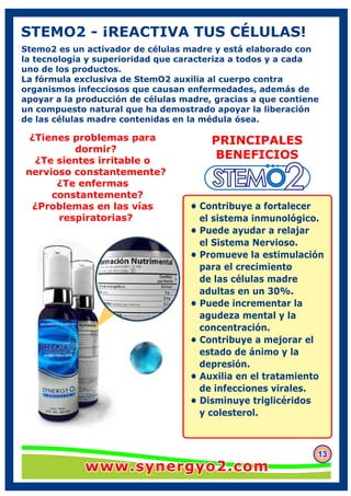 Stemo2 es un activador de células madre y está elaborado con
la tecnología y superioridad que caracteriza a todos y a cada
uno de los productos.
La fórmula exclusiva de StemO2 auxilia al cuerpo contra
organismos infecciosos que causan enfermedades, además de
apoyar a la producción de células madre, gracias a que contiene
un compuesto natural que ha demostrado apoyar la liberación
de las células madre contenidas en la médula ósea.
131313
STEMO2 - ¡REACTIVA TUS CÉLULAS!
PRINCIPALES
BENEFICIOS
¿Tienes problemas para
dormir?
¿Te sientes irritable o
nervioso constantemente?
¿Te enfermas
constantemente?
¿Problemas en las vías
respiratorias?
• Contribuye a fortalecer
el sistema inmunológico.
• Puede ayudar a relajar
el Sistema Nervioso.
• Promueve la estimulación
para el crecimiento
de las células madre
adultas en un 30%.
• Puede incrementar la
agudeza mental y la
concentración.
• Contribuye a mejorar el
estado de ánimo y la
depresión.
• Auxilia en el tratamiento
de infecciones virales.
• Disminuye triglicéridos
y colesterol.
www.synergyo2.comwww.synergyo2.comwww.synergyo2.com
 