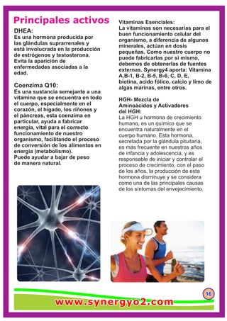 Principales activos
161616
Vitaminas Esenciales:
La vitaminas son necesarias para el
buen funcionamiento celular del
organismo, a diferencia de algunos
minerales, actúan en dosis
pequeñas. Como nuestro cuerpo no
puede fabricarlas por sí mismo,
debemos de obtenerlas de fuentes
externas. Synergy4 aporta: Vitamina
A,B-1, B-2, B-5, B-6, C, D, E,
biotina, acido fólico, calcio y limo de
algas marinas, entre otros.
HGH- Mezcla de
Aminoácidos y Activadores
del HGH:
La HGH u hormona de crecimiento
humano, es un químico que se
encuentra naturalmente en el
cuerpo humano. Esta hormona,
secretada por la glándula pituitaria,
es más frecuente en nuestros años
de infancia y adolescencia, y es
responsable de iniciar y controlar el
proceso de crecimiento, con el paso
de los años, la producción de esta
hormona disminuye y se considera
como una de las principales causas
de los síntomas del envejecimiento.
DHEA:
Es una hormona producida por
las glándulas suprarrenales y
está involucrada en la producción
de estrógenos y testosterona.
Evita la aparición de
enfermedades asociadas a la
edad.
Coenzima Q10:
Es una sustancia semejante a una
vitamina que se encuentra en todo
el cuerpo, especialmente en el
corazón, el hígado, los riñones y
el páncreas, esta coenzima en
particular, ayuda a fabricar
energía, vital para el correcto
funcionamiento de nuestro
organismo, facilitando el proceso
de conversión de los alimentos en
energía (metabolismo).
Puede ayudar a bajar de peso
de manera natural.
www.synergyo2.comwww.synergyo2.comwww.synergyo2.com
 