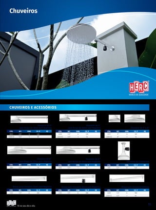 Tá no seu dia a dia.
13
Braço para Chuveiro 30cm sem Registro
CÓD. BIT. emb. CX. P R$
2322 1/2” 6 360
Braço para Chuveiro Elétrico
CÓD. BIT. emb. CX. P R$
2328 1/2” 6 180
2339 (i) 1/2” 1 64
Chuveiros
CHUVEIROS E ACESSórios
Chuveiro de 5”
com Braço de 30cm sem Registro
CÓD. BIT. emb. CX. P R$
2318 1/2” 6 120
2335 (i) 1/2” 1 84
Chuveiro de 8”
com Braço de 30cm sem Registro
CÓD. BIT. emb. CX. P R$
2351 1/2” 1 12
Chuveiro de Campanha
CÓD. BIT. emb. CX. P R$
205 1/2” 12 240
Chuveiro de 5” e 8”
CÓD. BIT. emb. CX. P R$
2317 5” 6 192
2350 (i) 8” 1 12
Braço para Chuveiro 30cm com Registro
CÓD. BIT. emb. CX. P R$
2324 1/2” 6 288
CÓD. BIT. emb. CX. P R$
2320 1/2” 6 120
2337 (i) 1/2” 1 72
Chuveiro de 5”
com Braço de 30cm com Registro
Chuveiro de 8”
com Braço de 30cm com Registro
CÓD. BIT. emb. CX. P R$
2353 1/2” 1 12
 