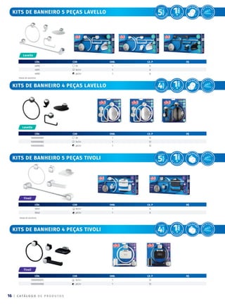 | C ATÁ L O G O D E P R O D U T O S
16
KITS DE BANHEIRO 5 peças Lavello
KITS DE BANHEIRO 4 peças Lavello
KITS DE BANHEIRO 5 peças TIVOLI
KITS DE BANHEIRO 4 peças TIVOLI
Haste de alumínio
Haste de alumínio
CÓD. COR emb. CX. P R$
1000000081 br 1 12
1000000082 br/cr 1 12
1000000083 pt/cr 1 12
CÓD. COR emb. CX. P R$
1000000072 br/cr 1 12
1000000080 pt/cr 1 12
CÓD. COR emb. CX. P R$
5041 br/cr 1 6
5042 pt/cr 1 6
CÓD. COR emb. CX. P R$
4090 br 1 6
4091 br/cr 1 6
4092 pt/cr 1 6
Lavello
Lavello
Tivoli
Tivoli
F
á
c
il de insta
l
a
r
A
c
o
m
panha Kit de Fi
x
a
ç
ã
o
F
á
c
il de insta
l
a
r
A
c
o
m
panha Kit de Fi
x
a
ç
ã
o
F
á
c
il de insta
l
a
r
A
c
o
m
panha Kit de Fi
x
a
ç
ã
o
F
á
c
il de insta
l
a
r
A
c
o
m
panha Kit de Fi
x
a
ç
ã
o
 
