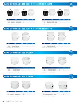 | C ATÁ L O G O D E P R O D U T O S
20
Dimensão: 250 x 150 x 50mm (D x A x S) Dimensão: 250 x 150 x 75mm (D x A x S)
CÓD. ESP. emb. CX. P R$
250 redonda c/ saída de 50m 6 6
273 quadrada c/ saída de 50mm 6 6
CÓD. ESP. emb. CX. P R$
275 redonda c/ saída de 75mm 6 6
274 quadrada c/ saída de 75mm 6 6
Dimensão: 250 x 250 x 75/100mm (D x A x S)
CÓD. ESP. emb. CX. P R$
2306 redonda c/ tampa 1 4
2308 redonda c/ grelha 1 4
Dimensão: 250 x 250 x 75/100mm (D x A x S)
CÓD. ESP. emb. CX. P R$
2305 redonda c/ tampa e cesto 1 4
2307 redonda c/ grelha e cesto 1 4
Dimensão: 250 x 250 x 75/100mm (D x A x S)
CÓD. ESP. emb. CX. P R$
2309 quadrada c/ tampa e cesto 1 4
2311 quadrada c/ grelha e cesto 1 4
Dimensão: 250 x 250 x 75/100mm (D x A x S)
CÓD. ESP. emb. CX. P R$
2310 quadrada c/ tampa 1 4
2312 quadrada c/ grelha 1 4
Dimensão: 250 x 172 x 50mm (D x A x S) Dimensão: 250 x 172 x 50mm (D x A x S)
CÓD. ESP. emb. CX. P R$
2300 redonda c/ tampa 1 4
2301 redonda c/ grelha 1 4
CÓD. ESP. emb. CX. P R$
2302 quadrada c/ tampa 1 4
2303 quadrada c/ grelha 1 4
caixa sifonada de 250 x 250 x 75/100mm com cesto
caixa sifonada de 250 x 250 x 75/100mm SEm cesto
caixa sifonada de 250 x 172mm
caixa sifonada de 250 x 150mm
caixa
s
ifo n a d
a
caixa
s
ifo n a d
a
caixa
s
ifo n a d
a
 