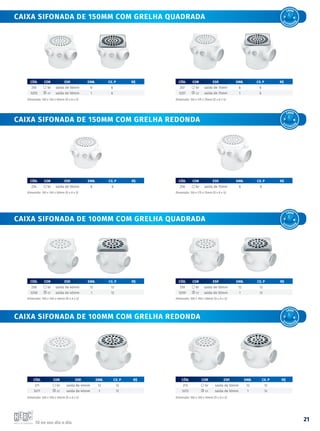 Tá no seu dia a dia.
21
Dimensão: 100 x 100 x 50mm (D x A x S)
CÓD. COR ESP. emb. CX. P R$
259 br saída de 50mm 12 12
5259 cr saída de 50mm 1 12
Dimensão: 100 x 100 x 40mm (D x A x S)
CÓD. COR ESP. emb. CX. P R$
271 br saída de 40mm 12 12
5271 cr saída de 40mm 1 12
Dimensão: 100 x 100 x 50mm (D x A x S)
CÓD. COR ESP. emb. CX. P R$
272 br saída de 50mm 12 12
5272 cr saída de 50mm 1 12
Dimensão: 150 x 150 x 50mm (D x A x S)
CÓD. COR ESP. emb. CX. P R$
255 br saída de 50mm 6 6
5255 cr saída de 50mm 1 6
Dimensão: 150 x 175 x 75mm (D x A x S)
CÓD. COR ESP. emb. CX. P R$
257 br saída de 75mm 6 6
5257 cr saída de 75mm 1 6
Dimensão: 150 x 175 x 75mm (D x A x S)
CÓD. COR ESP. emb. CX. P R$
256 br saída de 75mm 6 6
caixa sifonada de 150mm com grelha quadrada
caixa sifonada de 100mm com grelha quadrada
caixa sifonada de 100mm com grelha redonda
caixa sifonada de 150mm com grelha redonda
Dimensão: 150 x 150 x 50mm (D x A x S)
CÓD. COR ESP. emb. CX. P R$
254 br saída de 50mm 6 6
Dimensão: 100 x 100 x 40mm (D x A x S)
CÓD. COR ESP. emb. CX. P R$
258 br saída de 40mm 12 12
5258 cr saída de 40mm 1 12
caixa
s
ifo n a d
a
caixa
s
ifo n a d
a
caixa
s
ifo n a d
a
caixa
s
ifo n a d
a
 
