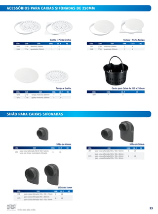 Tá no seu dia a dia.
23
Acessórios para caixas sifonadas de 250mm
sifão para caixas sifonadas
CÓD. ESP. emb. CX. P R$
290
para caixa sifonada 100 X 100 X 40mm
para ralo linear modulável sifonado
6 48
CÓD. ESP. emb. CX. P R$
291 para caixa sifonada 100 x 100 x 50mm 6 48
1274
para caixa sifonada 100 x 100 x 50mm
para caixa sifonada 250 x 150 x 50mm
para caixa sifonada 250 x 172 x 50mm
6 48
CÓD. ESP. emb. CX. P R$
278 para caixa sifonada 250 x 150 x 75mm 6 48
1275
para caixa sifonada 250 x 250mm
6 48
para caixa sifonada 150 x 175 x 75mm
Sifão de 40mm
Sifão de 75mm
Sifão de 50mm
CÓD. COR ESP. emb. CX. P R$
1278 br tampa redonda 250mm 1 9
1273 br grelha redonda 250mm 1 9
CÓD. emb. CX. P R$
1279 1 3
Tampa e Grelha Cesto para Caixa de 250 x 250mm
CÓD. COR ESP. emb. CX. P R$
1265 br redonda 250mm 1 6
1266 br quadrada 250mm 1 6
CÓD. COR ESP. emb. CX. P R$
1267 br redonda 250mm 1 6
1268 br quadrada 250mm 1 6
Grelha + Porta Grelha Tampa + Porta Tampa
 