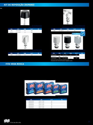 Tá no seu dia a dia.
27
CÓD. BIT. emb. CX. P R$
2869 20 e 25mm 12 120
Kit de Reposição
para Registro - Modelo Plus (reparo)
CÓD. BIT. emb. CX. P R$
350 1/2” e 3/4” 12 480
1350 (i) 1/2” e 3/4” 12 288
Kit de Reposição
para Registro (reparo)
CÓD. BIT. emb. CX. P R$
2870 20 e 25mm 12 144
Kit de Reposição
para Registro - Modelo Prático (reparo)
Kit de Reposição
para Registro - Modelo Facilita (reparo)
KIT de reposição (rePARO)
FITA veda rosca
CÓD. DIM CX. P R$
1000000030 12mm x 10m 60
1000000031 18mm x 10m 60
1000000032 12mm x 25m 30
1000000033 18mm x 25m 30
1000000034 18mm x 50m 30
Fita Veda Rosca
CÓD. COR BIT. emb. CX. P R$
1000000320 br 20 e 25mm 12 120
1000000321 pt 20 e 25mm 12 120
1000000322 cr 20 e 25mm 12 120
Pacote de 12 peças embaladas individualmente.
Compatível com a linha de Torneiras e Registros Facilita.
 
