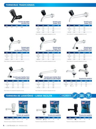 | C ATÁ L O G O D E P R O D U T O S
4
Torneira de Jardim
com Bico Fixo
Torneira para
Tanque 10cm
com Bico para Mangueira
Torneira de Lavatório
Torneira de Lavatório Torneira de Lavatório Torneira de Lavatório
Para a bitola 3/4” acompanha adaptador de rosca.
CÓD. BIT. emb. CX. P R$
103 1/2” 12 1080
CÓD. BIT. emb. CX. P R$
123 1/2” 12 480
1123 (i) 1/2” 12 360
124 3/4” 12 480
1124 (i) 3/4” 12 360
Torneira para
Tanque 10cm
Torneira para
Tanque 15cm
com Bico para Mangueira
Para a bitola 3/4” acompanha adaptador de rosca.
Para a bitola 3/4” acompanha adaptador de rosca.
CÓD. BIT. emb. CX. P R$
111 1/2” 12 720
1111 (i) 1/2” 12 480
113 3/4” 12 600
1113 (i) 3/4” 12 480
CÓD. BIT. emb. CX. P R$
395 1/2” 12 360
1395 (i) 1/2” 12 300
396 3/4” 12 360
1396 (i) 3/4” 12 300
Torneira para
Tanque 15cm
Torneira para
Cozinha 10cm
com Chuveirinho e Jato
Para a bitola 3/4” acompanha adaptador de rosca.
Para a bitola 3/4” acompanha adaptador de rosca.
CÓD. BIT. emb. CX. P R$
115 1/2” 12 420
1115 (i) 1/2” 12 336
117 3/4” 12 420
1117 (i) 3/4” 12 300
CÓD. BIT. emb. CX. P R$
130 1/2” 12 420
1130 (i) 1/2” 12 300
132 3/4” 12 300
1132 (i) 3/4” 12 300
Torneiras Tradicionais
Torneira de lavatório - Linha facilita
Torneira para Cozinha 15cm
com Chuveirinho e Jato
Para a bitola 3/4” acompanha adaptador de rosca.
CÓD. BIT. emb. CX. P R$
134 1/2” 12 300
1134 (i) 1/2” 12 192
136 3/4” 12 300
1136 (i) 3/4” 12 192
Torneira para Cozinha 18cm
com Alavanca e Jato Simples
Para a bitola 3/4” acompanha adaptador de rosca.
Pacote de 12 peças embaladas individualmente. Pacote de 12 peças embaladas individualmente. Pacote de 12 peças embaladas individualmente.
CÓD. BIT. emb. CX. P R$
145 1/2” 12 300
1145 (i) 1/2” 12 252
147 3/4” 12 300
1147 (i) 3/4” 12 252
CÓD. COR BIT. emb. CX. P R$
150 br 1/2” 12 240
1150 (i) br 1/2” 12 192
2551 cz cl 1/2” 12 240
CÓD. COR BIT. EMB. CX. P
1000000090 br 1/2” 12 192
CÓD. COR BIT. EMB. CX. P
1000000084 br/pt 1/2” 12 192
CÓD. COR BIT. EMB. CX. P
1000000100 pt 1/2” 12 192
Lançamento ABS
Plástico
 