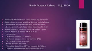 El aerosol 3MMR 10-36 es un barniz aislante rojo de secado
 rápido a base de resina alquídica, deja una película flexible
 y resistente de alta rigidez dieléctrica. Posee excelente
 adhesión a metales, plásticos, vidrios, maderas, etc. Resiste
 al agua, corrosión, humedad, rayos U.V., ácidos, álcalis, y
 aceites. Además, el aerosol 3MMR 10-36 es:
 • No corrosivo.
 • De secado rápido (8 - 15 minutos).
 • No daña la capa de ozono (no contiene CFC).
 • Fácil aplicación (spray aerosol).
 • A base de resina alquídica.
 • Alta rigidez dieléctrica, 500 V por capa de 25 / 45 um.
 • Color rojo (simula esmalte de bobinados eléctricos).
Barniz Protector Aislante Rojo 10-36
 