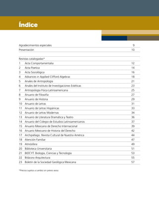 Índice


Agradecimientos especiales                                9
Presentación                                              10


Revistas catalogadas*
1     Acta Comportamentalia                               12
2     Acta Poetica                                        14
3     Acta Sociológica                                    16
4     Advances in Applied Clifford Algebras               18
5     Anales de Antropología                              21
6     Anales del Instituto de Investigaciones Estéticas   23
7     Antropología Física Latinoamericana                 25
8     Anuario de Filosofía                                27
9     Anuario de Historia                                 29
10 Anuario de Letras                                      31
11 Anuario de Letras Hispánicas                           33
12 Anuario de Letras Modernas                             34
13 Anuario de Literatura Dramática y Teatro               36
14 Anuario del Colegio de Estudios Latinoamericanos       37
15 Anuario Mexicano de Derecho Internacional              39
16 Anuario Mexicano de Historia del Derecho               42
17 Archipiélago. Revista Cultural de Nuestra América      44
18 Atención Familiar                                      47
19 Atmósfera                                              49
20 Biblioteca Universitaria                               51
21 BIOCYT. Biología, Ciencias y Tecnología                53
22 Bitácora Arquitectura                                  55
23 Boletín de la Sociedad Geológica Mexicana              57

*Precios sujetos a cambio sin previo aviso
 