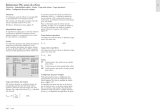 FAG 446
Rolamentos FAG axiais de esferas
Tolerâncias · Adaptabilidade angular · Gaiolas · Carga axial mínima · Carga equivalente ·
Sufixos · Configuração das peças contíguas
Tolerâncias
Os rolamentos axiais de esferas na execução bási-
ca são produzidos com tolerância normal.
Sob consulta, são fornecidas execuções com tole-
râncias estreitadas (sufixos P6 ou P5).
Tolerância : Rolamentos axiais, página 70.
Adaptabilidade angular
As superfícies de apoio para os anéis dos rolamen-
tos deverão ser paralelas. Entretanto, desvios
angulares podem ser compensados com os anéis
de caixa esféricos e contraplacas.
Gaiolas
Os rolamentos pequenos têm gaiolas prensadas de
chapa de aço (sem sufixo indicativo). Os de
maior tamanho têm gaiolas, tipo janela, maciças
de aço ou de latão (sufixo FP ou MP) ou gaiolas
maciças de latão guiadas pelas esferas (sufixo M).
▼ Gaiolas standard dos rolamentos axiais de esferas
Série Gaiola de Gaiola maciça Gaiola maciça
chapa de aço de aço de latão
(-) (FP) (M, MP)
Código do furo
511 até 28 de 30 a 68 a partir de 72
512 até 28 a partir de 30
513 até 20 a partir de 22
514 até 11 a partir de 12
522 até 28 a partir de 30
523 até 20 a partir de 22
532 até 28 a partir de 30
533 até 20 a partir de 22
542 todos
543 até 20 22
Carga axial mínima, alta rotação
Sob rotações elevadas, as condições de giro são
prejudicadas pela força de inércia das esferas,
quando a solicitação axial não atingir um valor
mínimo. Esta carga axial mínima Famin é calculada
pela fórmula
nmax
2
Famin = M · [kN]
1000
A constante mínima M é dada nas tabelas dos
rolamentos. Para nmax é colocada a rotação em
serviço máxima. Caso a carga axial externa for
muito baixa, os rolamentos serão pré-tensionados,
p.ex. com molas.
Para os rolamentos axiais de esferas não são
incluídas, na DIN 732, as rotações de referência.
Por isso são indicadas nas tabelas de medidas
apenas Limites de rotações, vide também
página 87.
Carga dinâmica equivalente
Os rolamentos axiais de esferas só admitem cargas
axiais. Para tanto vale:
P = Fa [kN]
Carga estática equivalente
Os rolamentos axiais de esferas só admitem cargas
axiais. Para tanto vale:
P0 = Fa [kN]
Sufixos
FP Gaiola maciça, tipo janela, de aço, guiada
pelas esferas
M Gaiola maciça de latão, guiada pelas esferas
MP Gaiola maciça, tipo janela, de latão, guiada
pelas esferas
Configuração das peças contíguas
Indicações genéricas para a configuração dos
assentamentos para anéis de rolamentos axiais,
vide às páginas 102; para as medidas de monta-
gem, a página 123.
As superfícies de apoio têm que ser de forma a
que os anéis de eixo e os da caixa estejam apoia-
dos, no mínimo, pela metade. Nas tabelas dos
rolamentos estão indicadas as medidas máximas
do raio rg e os diâmetros das superfícies de apoio.
( )
 