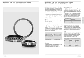 Rolamentos FAG axiais autocompensadores de rolos
Normas · Execução básica · Tolerâncias · Adaptabilidade angular · Gaiolas
Os rolamentos autocompensador de rolos admi-
tem elevadas cargas axiais e são apropriados para
um número relativamente alto de rotações. Devi-
do às pistas inclinadas em relação ao eixo do rola-
mento, os rolamentos também podem ser carre-
gados radialmente. A carga radial deverá ser 55%
menor que a carga axial.
Os rolamentos FAG axiais autocompensadores de
rolos têm rolos esféricos assimétricos e compen-
sam erros angulares. Via de regra, os rolamentos
axiais autocompensadores de rolos têm que ser lu-
brificados com óleo.
Normas
Rolamentos axiais autocompensadores de rolos,
ISO 104 e DIN 728
Execução básica
Os rolamentos axiais autocompensadores de rolos
são fornecidos pela FAG em execução reforçada
(sufixo E). Os rolamentos das séries 292E, 293E e
294E são projetados para uma capacidade de
carga máxima. Os rolamentos têm uma gaiola de
chapa de aço (sem sufixo de gaiola) ou uma gaiola
maciça de latão (sufixo MB).
Gaiola de chapa de aço Gaiola maciça de latão
Tolerâncias
Os rolamentos axiais autocompensadores de rolos
são produzidos com tolerância normal.
Tolerâncias: rolamentos axiais, página 70.
Adaptabilidade angular
Devido à pista esférico côncava do anel de caixa,
os rolamentos axiais autocompensadores de rolos
são adaptáveis angularmente e devido a isto, in-
sensíveis contra erros de alinhamento e flexões do
eixo.
Se P ou P0 for Ϲ 0,05 · C0 [kN], são permitidos
os ângulos de ajuste indicados na tabela abaixo,
desde que o anel de eixo seja rotativo e o desvio
angular for constante (erro angular estático).
▼ Ajuste angular em graus
Série Ajuste angular
292E 1...1,5
293E 1,5...2,5
294E 2...3
Os valores menores valem para os rolamentos
grandes. O nosso Serviço Técnico poderá lhe
prestar informações sobre a adaptabilidade angu-
lar dos anéis de caixa rotativos ou em movimentos
cambaleantes do eixo (erro angular dinâmico).
Gaiolas
Os rolamentos axiais autocompensadores de rolos
com gaiolas maciças de latão são identificados
com MB. Os demais rolamentos têm gaiolas de
chapa de aço (sem sufixo). A gaiola mantém
unidas a coroa de rolos e o anel de eixo.
▼ Gaiolas standard dos rolamentos axiais autocompensa-
dores de rolos
Série Gaiola de Gaiola maciça
chapa de aço de latão
(-) (MB)
Código do furo
292E todos
293E até 64 a partir de 68
294E até 68 a partir de 72
499 FAG
Rolamentos FAG axiais autocompensadores de rolos
FAG 498
 