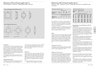Rolamentos FAG de fixação rápida (tipo S)
Tolerâncias · Folga · Temperatura em serviço · Aptidão para altas rotações · Capacidade de carga ·
Conservação
513 FAG
Rolamentos FAG de fixação rápida (tipo S)
Mancais flangeados · Lubrificação · Adaptabilidade angular · Tolerâncias
Lubrificação
Os Rolamentos FAG de fixação rápida são livres
de manutenção. A carga de graxa à base de sabão
de lítio da classe de penetração 3, recebida de
fábrica, geralmente é bastante para a duração da
vida do rolamento. Se os rolamentos tiverem que
ser relubrificados, são necessárias caixas de ferro
fundido cinzento. Estas caixas são dotadas de um
niple de lubrificação GU1.
Os rolamentos têm, no anel externo, dois furos
para lubrificação, deslocados em 180° na circun-
ferência.
Adaptabilidade angular
Os Rolamentos FAG de fixação rápida possibili-
tam a compensação de erros de alinhamento
FAG 512
Caixa com flange de ferro fundido cinzento
F2 FL2
estáticos de até 5° da posição central. Ao relubrifi-
car, o ajuste angular não deverá exceder os 2,5°,
para que o furo de lubrificação no anel externo
não seja encoberto.
Tolerâncias
Basicamente, vale a classe de tolerância PN (tole-
rância normal) dos rolamentos radiais para os Ro-
lamentos FAG de fixação rápida (vide também à
página 56). Uma exceção é a tolerância do furo
dos rolamentos das séries 162, 362 e 562. A tole-
rância prescrita é aquela do diâmetro médio do
furo.
dmp média aritmética do maior e do menor
diâmetro do furo medido em um plano
Caixa de flange de chapa de aço
FB203 até FB207 a partir de FB208 FBB2
▼ Tolerâncias do diâmetro do furo
Medidas em mm
Medida nominal acima 18 30 50
do diâmetro até 18 30 50
do furo
Valores de tolerância em µm
Desvio do +18 +21 +25 +30
diâmetro médio ∆dmp 0 0 0 0
do furo
Estas tolerâncias, em todos os casos, resultam em
um ajuste livre, se o eixo for usinado de acordo
com um dos campos h de tolerância. São suficien-
tes os eixos comerciais trefilados ou descascados
conforme a tolerância h9.
Os rolamentos da série 762.2RSR têm, para todas
as medidas, a tolerância normal dos rolamentos
radiais. Os assentamentos sobre o eixo são, por-
tanto, usinados conforme j6 ou k6.
Folga
Os Rolamentos FAG de fixação rápida têm a folga
radial C3 (mas a série 762.2RSR a folga CN) dos
rolamentos fixos de esferas (página 76). A folga
maior C3 faz com que sejam compensados erros
de alinhamento e flexões do eixo. A folga axial é
de oito a doze vezes maior que a folga radial, o
que torna inofensivas pequenas dilatações térmi-
cas.
Temperatura em serviço
A temperatura em serviço permitida para os Rola-
mentos FAG de fixação rápida é de, no máximo,
110 °C; o limite mínimo é de –30 °C.
Aptidão para altas rotações
Os números de rotações atingidos pelos Rolamen-
tos FAG de fixação rápida dependem principal-
mente do assentamento do rolamento sobre o
eixo. Nos eixos com usinagem grosseira e com
ajustes livres o número de rotações atingível é re-
duzido. Uma rotação mais elevada é atingida com
ajustes fixos e uma usinagem dos eixos mais preci-
sa. Na tabela a seguir estão indicados os números
de rotações para diversas tolerâncias de eixos.
▼ Números de rotação atingíveis
Códi- Eixo Tolerância do eixo
go do
furo m7,k7 j7 h7 h8 h9
mm Números de rotação em rpm
03 17 12000 9500 6000 4300 1500
04 20 10000 8000 5000 3600 1200
05 25 9000 7200 4500 3100 1100
06 30 7500 6000 3800 2600 900
07 35 6300 5000 3200 2200 750
08 40 5600 4500 2800 1900 670
09 45 5300 4300 2600 1800 630
10 50 4800 3800 2400 1700 580
11 55 4300 3400 2200 1500 520
12 60 4000 3200 2000 1400 480
Capacidade de carga dos Rolamentos FAG de
fixação rápida
Os Rolamentos FAG de fixação rápida são calcu-
ladas como os rolamentos fixos de esferas. Para a
carga equivalente dinâmica e estática valem as fór-
mulas citadas à página 148. Dependendo se os
aparelhos trabalhem em serviço temporário ou
permanente, são necessários os fatores dinâmicos
fL de 1 a 4. (período de giro até a fadiga, de 500 a
30000 horas).
A capacidade de solicitação axial dos Rolamentos
FAG de fixação rápida depende da firmeza da
união do anel interno com o eixo. Sob cargas
axiais maiores, o anel interno será apoiado contra
um rebaixo no eixo.
Nos Rolamentos FAG de fixação rápida com caixa
de ferro fundido cinzento a capacidade de carga
do rolamento pode ser aproveitada, daí o fato de
se usar as caixas fundidas principalmente sob altas
solicitações.
As caixas de chapa de aço, bem mais econômicas,
só podem ser utilizadas sob solicitações menores,
devido à sua rigidez menor. As capacidades de
carga radial e axial das caixas de chapas de aço são
indicadas nas tabelas.
Conservação dos Rolamentos de fixação rápida
As caixas de chapa de aço são zincadas e croma-
tizadas sendo, com isto, protegidas contra a ferru-
gem.
As superfícies externas usinadas sem remoção de
cavacos das caixas de ferro fundido cinzento têm
uma pintura cinza azulada. Todas as superfícies
usinadas são conservadas.
 