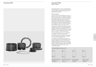 Acessórios FAG
Buchas de fixação
Os acessórios FAG, ou seja, as buchas de fixação,
de desmontagem, porcas de eixo, arruelas de segu-
rança e grampos de segurança devem ser enco-
mendados em separado.
Buchas de fixação
Com as buchas de fixação fendidas, que têm a su-
perfície externa cônica, são fixados os rolamentos
com furo cônico sobre eixos cilíndricos (vide tam-
bém à página 140). Para os eixos são permitidas
tolerâncias de diâmetros maiores que para os
assentamentos cilíndricos diretos; as tolerâncias
de forma devem ser mantidas mais estreitadas que
as tolerâncias de diâmetro (vide tolerâncias de
eixo, às páginas 110 a 114). As buchas de fixação
são fornecidas completas com porca e trava.
Nas tabelas de medidas estão indicadas as buchas
de fixação para eixos com dimensões métricas. As
medidas e os materiais são conforme DIN 5415
(edição de 02.93) e conforme ISO 2982-1 (edição
de 09.95). As buchas de fixação são de aço (resis-
tência à tração de no mínimo 430 N/mm2
).
As buchas de fixação para eixos com dimensões
em polegadas são fornecidas sob consulta.
A tolerância do furo antes de fender os cones das
buchas correspondem a JS9 para a conicidade
1:12 e JS7 para a conicidade 1:30.
A montagem e a desmontagem de rolamentos
maiores é facilitada pelo sistema hidráulico (vide
também às páginas 140 e 143). Para tais casos,
estão disponíveis buchas de fixação com ranhuras
de óleo na superfície externa e uma conexão para
bomba no lado da rosca (sufixo HG). Nas tabelas
de medidas estão indicadas as roscas para a
conexão das bombas.
559 FAG
Acessórios FAG
FAG 558
Buchas de fixação com porca e trava
H38, H39, H30 d1 Ϲ 180 mm H38, H39, H30 d1 Ͼ 180 mm H240 d1 Ϲ 180 mm H240 d1 Ͼ 180 mm
H31, H33 d1 Ϲ 260 mm H31, H33 d1 Ͼ 260 mm H241 d1 Ϲ 260 mm H241 d1 Ͼ 260 mm
H2, H3, H23 H32 conicidade 1:30 conicidade 1:30
Conicidade 1:12 conicidade 1:12 sob consulta sob consulta
 
