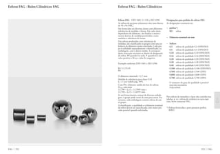Esferas FAG · Rolos Cilíndricos
Esferas FAG DIN 5401 (11.93) e ISO 3290
As esferas de aço para rolamentos têm uma dureza
de 58 a 66 HRC.
São fornecidas em diversas classes com diferentes
tolerâncias de medidas e forma. Em cada classe,
dependente do diâmetro, sâo fixados o maior e
menor desvios de medidas permitidos, como
também a tolerância de forma.
Das esferas produzidas com tolerâncias de
medidas, sâo classificados os grupos com uma to-
lerância de diâmetro muito estreitada. Cada gru-
po é embalado separadamente e identificado, na
embalagem, com o desvio médio. A correspon-
dente marcação encontra-se abaixo da designação
da esfera. P0 quando for nulo, P quando for um
valor positivo e M se o valor for negativo.
Exemplo conforme DIN 5401 e ISO 3290:
KU.12,7G10
P0
O diâmetro nominal é 12,7 mm
Medida de tolerância para classe G10
IG = 1 µm (tabela pág. 595).
Com P0 o diâmetro médio do lote de esferas
DwmL está entre
12,700 + IG/2 = 12,7005 mm e
12,700 – IG/2 = 12,6995 mm.
Se um fornecimento constar de diversas embala-
gens, o grupo pode variar de uma para outra. En-
tretanto, cada embalagem contém esferas de um
só grupo.
A classificação, a qualidade e o diãmetro nominal
da esfera devem ser especificadas com maior pre-
cisão possivel quando solicitadas.
Designações para pedidos de esferas FAG
As designações consistem em
– prefixo*)
KU. esfera
– Diâmetro nominal em mm
– Sufixos
G3 esferas de qualidade G3 (DIN/ISO)
G5 esferas de qualidade G5 (DIN/ISO)
G10 esferas de qualidade G10 (DIN/ISO)
G16 esferas de qualidade G16 (DIN/ISO)
G20 esferas de qualidade G20 (DIN/ISO)
G28 esferas de qualidade G28 (DIN/ISO)
G40 esferas de qualidade G40 (DIN/ISO)
G100 esferas de qualidade G100 (DIN/ISO)
G500 esferas de qualidade G500 (DIN)
G600 esferas de qualidade G600 (DIN)
G700 esferas de qualidade G700 (DIN)
O aumento do grau de qualidade é possível
mas não necessário.
(veja acima)
Para esferas de tamanhos e tipos não contidos nas
tabelas, p. ex.: esferas de cerâmica ou aços espe-
ciais, favor contactar FAG.
*) Esferas fornecidas a peso possuem prefixo
KIKU.
593 FAG
Esferas FAG · Rolos Cilíndricos FAG
FAG 592
 