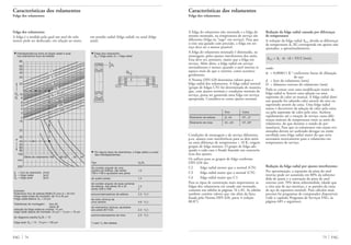 75 FAGFAG 74
Características dos rolamentos
Folga dos rolamentos
A folga do rolamento não montado e a folga do
mesmo montado, na temperatura de serviço são
diferentes (folga ou “jogo” em serviço). Para que
o eixo seja guiado com precisão, a folga em ser-
viço deve ser a menor possível.
A folga do rolamento montado é diminuída, na
montagem, pelos ajustes interferentes dos anéis.
Esta deve ser, portanto, maior que a folga em
serviço. Além disto, a folga radial em serviço
normalmente é menor, quando o anel interno se
aquece mais do que o externo, como acontece
geralmente.
A Norma DIN 620 determina valores para a
folga radial dos rolamentos. A folga radial normal
(grupo de folgas CN) foi determinada de maneira
que, com ajustes normais e condições normais de
serviço, possa ser garantida uma folga em serviço
apropriada. Considera-se como ajustes normais
Redução da folga radial causada por diferenças
de temperatura
A redução da folga radial ∆Grt devida as diferenças
de temperatura ∆t [K] corresponde em apoios não
ajustados, a aproximadamente:
∆Grt = ∆t · α · (d + D)/2 [mm],
onde:
α = 0,000011 K–1
coeficiente linear de dilatação
do aço
d = furo do rolamento [mm]
D = diâmetro externo do rolamento [mm]
Pode-se contar com uma modificação maior da
folga radial se houver uma adução ou uma
supressão de calor ao mancal. A folga radial dimi-
nui quando for aduzido calor através do eixo ou
suprimido através da caixa. Uma folga radial
maior é decorrente da adução de calor pela caixa
ou pela supressão de calor pelo eixo. Acelerar
rapidamente até a rotação de serviço causa dife-
renças maiores de temperatura entre os anéis do
rolamento, do que durante o estado de per-
manência. Para que os rolamentos não sejam ten-
sionados devem ser acelerado devagar ou então
escolhida uma folga radial maior do que seria
necessária teoricamente para o rolamento em
temperatura de serviço.
Redução da folga radial por ajustes interferentes
Por aproximação, a expansão da pista do anel
interno pode ser assumida em 80% da sobreme-
dida de ajuste e a contração da pista do anel
externo com 70% desta sobremedida, (desde que
o eixo seja de aço inteiriço, e as paredes da caixa
de aço de espessura normal). Para cálculos mais
precisos há programas de computador disponíveis
(vide o capítulo Programa de Serviços FAG, às
páginas 685 e seguintes).
Características dos rolamentos
Folga dos rolamentos
d = furo do rolamento [mm]
Gr = folga radial [µm]
Ga = folga axial [µm]
Exemplo:
Rolamento fixo de esferas 6008.C3 com d = 40 mm
Folga radial antes de montado: de 15 a 33 µm
Folga radial efetiva: Gr = 24 µm
Tolerâncias de montagem: eixo k5
caixa J6
redução da folga radial ao montar: 14 µm
folga radial depois de montado: 24 µm – 14 µm = 10 µm
do diagrama resulta Ga/Gr = 13
folga axial: Ga = 13 · 10 µm = 130 µm
▼ Em alguns tipos de rolamentos, a folga radial e a axial
são interdependentes.
Tipo Ga/Gr
De contato angular de uma
carreira de esferas, das séries 1,2
72B e 73B e ajustados aos pares
de quatro pistas 1,4
de contato angular de duas carreiras
de esferas, das séries 32 e 33 1,4
séries 32B e 33B 2
autocompensadores de esferas 2,3 · Y0*)
de rolos cônicos de
uma carreira 4,6 · Y0*)
de rolamentos cônicos, ajustados
aos pares (N11CA) 2,3 · Y0*)
autocompensadores de rolos 2,3 · Y0*)
*) valor Y0 das tabelas
Folga dos rolamentos
A folga é a medida pela qual um anel do rola-
mento pode ser deslocado, em relação ao outro,
em sentido radial (folga radial) ou axial (folga
axial).
▼ Interdependência entre as folgas radial e axial
nos rolamentos fixos de esferas
▼ Folga dos rolamentos
Ga = folga axial, Gr = folga radial
Condições de montagem e de serviço diferentes,
p.ex. ajustes com interferência para os dois anéis
ou uma diferença de temperatura > 10 K, exigem
grupos de folga maiores. O grupo de folga ade-
quado a cada caso é fixado baseado nas caracterís-
ticas dos ajustes.
Os sufixos para os grupos de folga conforme
DIN 620 são:
C2 folga radial menor que a normal (CN)
C3 folga radial maior que a normal (CN)
C4 folga radial maior que C3
Para os tipos de construção mais importantes, as
folgas dos rolamentos em estado não montado,
constam nas tabelas às páginas 76 a 82. As tabelas
também contêm valores que vão além da faixa
fixada pela Norma DIN 620, parte 4 (edição
08.87).
Eixo Caixa
Rolamento de esferas j5...k5 H7...J7
Rolamento de rolos k5...m5 H7...M7
1
2
5
10
Gr
= 20 µm
50
100
200
160 60 62 63 64
80
60
50
40
30
20
10
8
6
5
4
3
2
10
20
30
40
50
60
80
100
200
mm
d
Gr
Ga
Série do rolamento
Gr
Ga
 