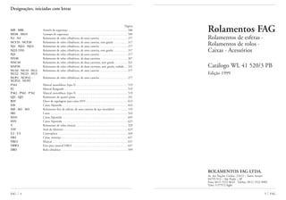 5 FAGFAG 4
Designações, iniciadas com letras
Página
MB · MBL Arruela de segurança . . . . . . . . . . . . . . . . . . . . . . . . . . . . . . . . . . . . . 586
MS30 · MS31 Grampo de segurança . . . . . . . . . . . . . . . . . . . . . . . . . . . . . . . . . . . . 589
N2 · N3 Rolamento de rolos cilíndricos, de uma carreira . . . . . . . . . . . . . . . . . 277
NCF29 · NCF30 Rolamento de rolos cilíndricos, de uma carreira, sem gaiola . . . . . . . . 317
NJ2 · NJ22 · NJ23 Rolamento de rolos cilíndricos, de uma carreira . . . . . . . . . . . . . . . . . 277
NJ23 (VH) Rolamento de rolos cilíndricos, de uma carreira, sem gaiola . . . . . . . . 317
NJ3 Rolamento de rolos cilíndricos, de uma carreira . . . . . . . . . . . . . . . . . 277
NN30 Rolamento de rolos cilíndricos, de duas carreiras . . . . . . . . . . . . . . . . 307
NNC49 Rolamento de rolos cilíndricos, de duas carreiras, sem gaiola . . . . . . . . 321
NNF50 Rolamento de rolos cilíndricos, de duas carreiras, sem gaiola, vedado . . 321
NU10 · NU19 · NU2 · Rolamento de rolos cilíndricos, de uma carreira . . . . . . . . . . . . . . . . . 277
NU22 · NU23 · NU3
NUP2 · NUP22 · Rolamento de rolos cilíndricos, de uma carreira . . . . . . . . . . . . . . . . . 277
NUP23 · NUP3
P162 Mancal monobloco (tipo S) . . . . . . . . . . . . . . . . . . . . . . . . . . . . . . . . 519
P2 Mancal flangeado . . . . . . . . . . . . . . . . . . . . . . . . . . . . . . . . . . . . . . . 519
P362 · P562 · P762 Mancal monobloco (tipo S) . . . . . . . . . . . . . . . . . . . . . . . . . . . . . . . . 519
QJ2 · QJ3 Rolamento de quatro pistas . . . . . . . . . . . . . . . . . . . . . . . . . . . . . . . . 241
RSV Disco de regulagem para caixa SNV . . . . . . . . . . . . . . . . . . . . . . . . . . 613
S30 Caixa, bipartida . . . . . . . . . . . . . . . . . . . . . . . . . . . . . . . . . . . . . . . . 643
S60 · S62 · S63 Rolamento fixo de esferas, de uma carreira de aço inoxidável . . . . . . . . 155
SB2 Caixa . . . . . . . . . . . . . . . . . . . . . . . . . . . . . . . . . . . . . . . . . . . . . . . . 543
SD31 Caixa, bipartida . . . . . . . . . . . . . . . . . . . . . . . . . . . . . . . . . . . . . . . . 645
SNV Caixa, bipartida . . . . . . . . . . . . . . . . . . . . . . . . . . . . . . . . . . . . . . . . 625
T Rolamento de rolos cônicos . . . . . . . . . . . . . . . . . . . . . . . . . . . . . . . . 329
TSV Anel de labirinto . . . . . . . . . . . . . . . . . . . . . . . . . . . . . . . . . . . . . . . . 625
U2 · U3 Contraplaca . . . . . . . . . . . . . . . . . . . . . . . . . . . . . . . . . . . . . . . . . . . 449
VR3 Caixa, inteiriça . . . . . . . . . . . . . . . . . . . . . . . . . . . . . . . . . . . . . . . . . 657
VRE3 Mancal . . . . . . . . . . . . . . . . . . . . . . . . . . . . . . . . . . . . . . . . . . . . . . . 657
VRW3 Eixo para mancal VRE3 . . . . . . . . . . . . . . . . . . . . . . . . . . . . . . . . . . 657
ZRO Rolo cilíndrico . . . . . . . . . . . . . . . . . . . . . . . . . . . . . . . . . . . . . . . . . 599
Rolamentos FAG
Rolamentos de esferas ·
Rolamentos de rolos ·
Caixas · Acessórios
Catálogo WL 41 520/3 PB
Edição 1999
ROLAMENTOS FAG LTDA.
Av. das Nações Unidas, 21612 – Santo Amaro
04795-913 – São Paulo – SP
Fone (011) 5525 8622 · Telefax: (011) 5522 8901
Telex 1157572 fagbr
 