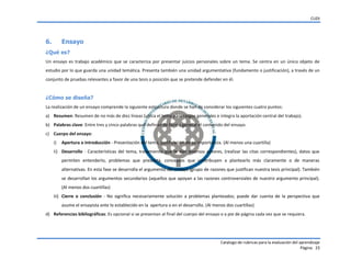 CUDI
Catalogo de rubricas para la evaluación del aprendizaje
Página 23
6. Ensayo
¿Qué es?
Un ensayo es trabajo académico que se caracteriza por presentar juicios personales sobre un tema. Se centra en un único objeto de
estudio por lo que guarda una unidad temática. Presenta también una unidad argumentativa (fundamento o justificación), a través de un
conjunto de pruebas relevantes a favor de una tesis o posición que se pretende defender en él.
¿Cómo se diseña?
La realización de un ensayo comprende la siguiente estructura donde se han de considerar los siguientes cuatro puntos:
a) Resumen: Resumen de no más de diez líneas (ubica el tema y los rasgos generales e integra la aportación central del trabajo).
b) Palabras clave: Entre tres y cinco palabras que definan de forma general el contenido del ensayo.
c) Cuerpo del ensayo:
i) Apertura o introducción - Presentación del tema, justificación de su importancia. (Al menos una cuartilla)
ii) Desarrollo - Características del tema, tratamiento que le dan diversos autores, (realizar las citas correspondientes), datos que
permiten entenderlo, problemas que presenta, conceptos que contribuyen a plantearlo más claramente o de maneras
alternativas. En esta fase se desarrolla el argumento del ensayo (grupo de razones que justifican nuestra tesis principal). También
se desarrollan los argumentos secundarios (aquellos que apoyan a las razones controversiales de nuestro argumento principal).
(Al menos dos cuartillas)
iii) Cierre o conclusión - No significa necesariamente solución a problemas planteados; puede dar cuenta de la perspectiva que
asume el ensayista ante lo establecido en la apertura o en el desarrollo. (Al menos dos cuartillas)
d) Referencias bibliográficas: Es opcional si se presentan al final del cuerpo del ensayo o a pie de página cada vez que se requiera.
 
