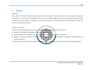 CUDI
Catalogo de rubricas para la evaluación del aprendizaje
Página 34
9. Glosario
¿Qué es?
Es una lista de términos difíciles, técnicos o extranjeros con definiciones o traducciones, como de un autor particular, campo de
conocimiento, etc., incluidas en orden alfabético al final de un libro. También puede mencionarse que incluye todos aquellos términos
que son poco conocidos, difíciles de interpretar o no se utilizan comúnmente en el escenario textual en el que aparece; se incluye cada
uno con sus respectivas definiciones.
¿Cómo se diseña?
a) Identificar las palabras del texto cuya característica puede ser poco conocida, tecnicismo, entre otros.
b) Ordenar en forma alfabética las palabras utilizadas para nuestro glosario.
c) Buscar la definición de la palabra de por lo menos tres autores/diccionarios para lograr conceptualizarla.
d) Agregar un apartado de paráfrasis donde el alumno interprete a partir de la investigación del significado de cada palabra que
componga al glosario.
e) Elaborar el glosario con los términos ordenados alfabéticamente, la interpretación del autor seleccionado y la aportación personal.
 