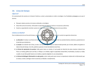 CUDI
Catalogo de rubricas para la evaluación del aprendizaje
Página 37
10. Línea de tiempo
¿Qué es?
Es la presentación de eventos en el devenir histórico, es decir, presentados en orden cronológico. Sus finalidades pedagógicas son que el
alumno:
 Recupere saberes previos, de manera ordenada y cronológica
 Desarrolle series de eventos, reforzando la capacidad de organizar hechos en secuencias coherentes
 Evalué su capacidad de recordar sucesos en orden, articulados según relaciones de causa-efecto.
¿Cómo se diseña?
Para la elaboración de una línea del tiempo, con fines académicos es importante tomar en cuenta los siguientes elementos:
i) La dirección: Al colocar una fecha de inicio y de final, nos indica la orientación de los acontecimientos anteriores y posteriores en
el período que estudiamos.
ii) La escala: Es la división de la línea, es decir, los intervalos que existen en determinado período, por lo tanto, deben ser iguales en
toda la línea de tiempo. Con ello, podemos apreciar el nivel de detalle de esta línea.
iii) La forma de representar los puntos: Cada punto marca un evento, el cual puede ser descrito de varias maneras: textual (una
frase o un texto), gráfica (con una foto, un dibujo o un símbolo, según la capacidad a desarrollar), multimedia, al colocar un video
o audio, lo cual sólo puede hacerse con medios y soportes digitales en una computadora.
iv) La forma de distinguir información en cada punto y entre cada punto para marcar la importancia relativa de la información que
se coloca, es decir, distinguir entre lo esencial y el detalle o complemento.
 