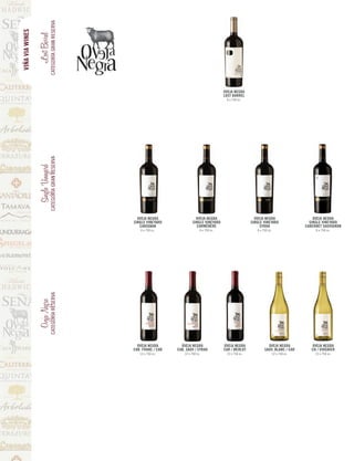 CATEGORÍA GRAN RESERVA
VIÑA VIA WINES

                 Lost Barrel



                                                                                                      OVEJA NEGRA
                                                                                                      LOST BARREL
                                                                                                       6 x 750 cc.
                             CATEGORÍA GRAN RESERVA
                 Single Vineyard




                                                        OVEJA NEGRA                  OVEJA NEGRA                        OVEJA NEGRA                       OVEJA NEGRA
                                                      SINGLE VINEYARD              SINGLE VINEYARD                    SINGLE VINEYARD                   SINGLE VINEYARD
                                                         CARIGNAN                    CARMÉNÈRE                             SYRAH                      CABERNET SAUVIGNON
                                                          6 x 750 cc.                   6 x 750 cc.                      6 x 750 cc.                       6 x 750 cc.
                             CATEGORÍA RESERVA
                 Oveja Negra




                                                        OVEJA NEGRA        OVEJA NEGRA                OVEJA NEGRA               OVEJA NEGRA              OVEJA NEGRA
                                                      CAB. FRANC / CAR   CAB. SAUV / SYRAH            CAR / MERLOT            SAUV. BLANC / CAR          CH / VIOGNIER
                                                         12 x 750 cc.        12 x 750 cc.              12 x 750 cc.                    12 x 750 cc.        12 x 750 cc.
 