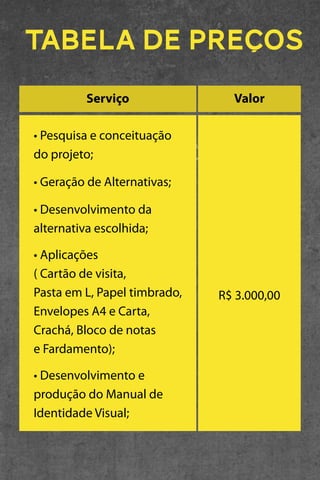TABELA DE PREÇOS
Serviço

Valor

R$ 3.000,00

 