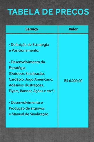 TABELA DE PREÇOS
Serviço

Valor

R$ 6.000,00

 