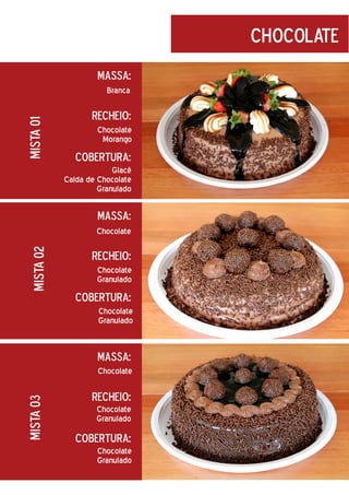 chocolate
Massa:

mista 01

Branca

Recheio:
Chocolate
Morango

Cobertura:
Glacê
Calda de Chocolate
Granulado

Massa:

mista 02

Chocolate

Recheio:
Chocolate
Granulado

Cobertura:
Chocolate
Granulado

Massa:

mista 03

Chocolate

Recheio:
Chocolate
Granulado

Cobertura:
Chocolate
Granulado

 