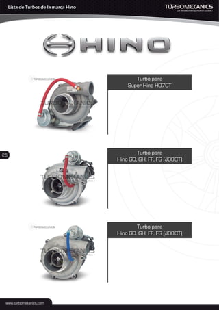 Turbo para
Super Hino H07CT
Lista de Turbos de la marca Hino
Turbo para
Hino GD, GH, FF, FG (J08CT)
Turbo para
Hino GD, GH, FF, FG (J08CT)
25
 
