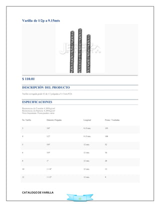 CATALOGO DE VARILLA 
35 
Varilla de 1/2p a 9.15mts 
$ 110.01 
DESCRIPCIÓN DEL PRODUCTO 
Varilla corrugada grado 42 de 1/2 pulgadas a 9.15mts PZA 
ESPECIFICACIONES 
Resistencia a la Tensión: 6,300 kg/cm² 
Resistencia a la fluencia: 4,200 kg/cm² 
Nota Importante: Pesos pueden variar 
No. Varilla Diámetro Pulgadas Longitud Piezas / Toneladas 
3 3/8" 9.15 mts. 193 
4 1/2" 9.15 mts. 108 
5 5/8" 12 mts. 52 
6 3/4" 12 mts. 36 
8 1" 12 mts. 20 
10 1 1/4" 12 mts. 13 
12 1 1/2" 12 mts. 9 
 