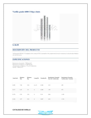 CATALOGO DE VARILLA 
43 
Varilla grado 6000 3/16p a 6mts 
$ 18.55 
DESCRIPCIÓN DEL PRODUCTO 
Varilla grado 6000 de 3/16 pulgada a 6mts venta por PZA. Laminada en frío, proporciona la mayor resistencia y la más alta duct ilidad en 
este t ipo de aceros. 
ESPECIFICACIONES 
Resistencia a la tensión = 7000 kg/cm2 
Resistencia a la fluencia = 6,000 kg/cm2 
Alargamiento a la Ruptura = 8% en 10 diámetros 
Norma = NMX-B-72 
Área(Cm2) 
Diámetro 
Mm 
Diámetro 
Plg 
Largo(M) Peso(Kg/M) 
Rendimiento Promedio 
Peso Por Varilla (6m) 
Rendimiento Promedio 
Varillas (6m)/ Tonelada 
0.495 7.94 5/16 6 y 12 0.388 2.33 429 
0.317 6.35 1/4 6 0.248 1.49 672 
0.178 4.76 3/16 6 0.14 0.84 1,195 
0.124 3.97 5/32 6 0.097 0.58 1,718 
 