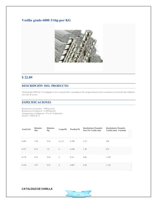 CATALOGO DE VARILLA 
44 
Varilla grado 6000 3/16p por KG 
$ 22.09 
DESCRIPCIÓN DEL PRODUCTO 
Varilla grado 6000 de 3/16 pulgada a 6 mts venta por KG. Laminada en frío, proporciona la mayor resistencia y la más alta duct ilidad en 
este t ipo de aceros. 
ESPECIFICACIONES 
Resistencia a la tensión = 7000 kg/cm2 
Resistencia a la fluencia = 6,000 kg/cm2 
Alargamiento a la Ruptura = 8% en 10 diámetros 
Norma = NMX-B-72 
Área(Cm2) 
Diámetro 
Mm 
Diámetro 
Plg 
Largo(M) Peso(Kg/M) 
Rendimiento Promedio 
Peso Por Varilla (6m) 
Rendimiento Promedio 
Varillas (6m)/ Tonelada 
0.495 7.94 5/16 6 y 12 0.388 2.33 429 
0.317 6.35 1/4 6 0.248 1.49 672 
0.178 4.76 3/16 6 0.14 0.84 1,195 
0.124 3.97 5/32 6 0.097 0.58 1,718 
 
