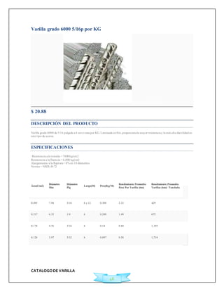 CATALOGO DE VARILLA 
46 
Varilla grado 6000 5/16p por KG 
Agregar a Cotización 
$ 20.88 
DESCRIPCIÓN DEL PRODUCTO 
Varilla grado 6000 de 5/16 pulgada a 6 mts venta por KG. Laminada en frío, proporciona la mayor resistencia y la más alta duct ilidad en 
este t ipo de aceros. 
ESPECIFICACIONES 
Resistencia a la tensión = 7000 kg/cm2 
Resistencia a la fluencia = 6,000 kg/cm2 
Alargamiento a la Ruptura = 8% en 10 diámetros 
Norma = NMX-B-72 
Área(Cm2) 
Diámetro 
Mm 
Diámetro 
Plg 
Largo(M) Peso(Kg/M) 
Rendimiento Promedio 
Peso Por Varilla (6m) 
Rendimiento Promedio 
Varillas (6m)/ Tonelada 
0.495 7.94 5/16 6 y 12 0.388 2.33 429 
0.317 6.35 1/4 6 0.248 1.49 672 
0.178 4.76 3/16 6 0.14 0.84 1,195 
0.124 3.97 5/32 6 0.097 0.58 1,718 
 