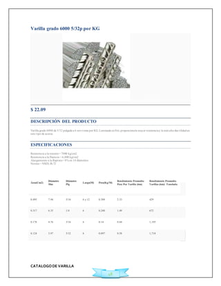 CATALOGO DE VARILLA 
48 
Varilla grado 6000 5/32p por KG 
Agregar a Cotización 
$ 22.09 
DESCRIPCIÓN DEL PRODUCTO 
Varilla grado 6000 de 5/32 pulgada a 6 mts venta por KG. Laminada en frío, proporciona la mayor resistencia y la más alta duct ilidad en 
este t ipo de aceros. 
ESPECIFICACIONES 
Resistencia a la tensión = 7000 kg/cm2 
Resistencia a la fluencia = 6,000 kg/cm2 
Alargamiento a la Ruptura = 8% en 10 diámetros 
Norma = NMX-B-72 
Área(Cm2) 
Diámetro 
Mm 
Diámetro 
Plg 
Largo(M) Peso(Kg/M) 
Rendimiento Promedio 
Peso Por Varilla (6m) 
Rendimiento Promedio 
Varillas (6m)/ Tonelada 
0.495 7.94 5/16 6 y 12 0.388 2.33 429 
0.317 6.35 1/4 6 0.248 1.49 672 
0.178 4.76 3/16 6 0.14 0.84 1,195 
0.124 3.97 5/32 6 0.097 0.58 1,718 
 