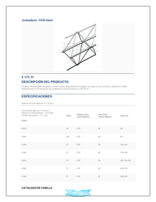 CATALOGO DE VARILLA 
9 
Armadura 1436 6mts 
$ 133.31icha Técnica 
DESCRIPCIÓN DEL PRODUCTO 
Producto electrosoldado, t riangular, con t res varillas longitudinales corrugadas, una superior y dos inferiores, unidas por varillas 
diagonales lisas en forma de zig-zag, soldadas por proceso eléctrico a cada 20 cm 
ESPECIFICACIONES 
Diámet ro Varilla Superior = 6.35 mm 
Área Varilla Superior = 64 mm2 
Diámet ro Varilla Inferior = Ver Tabla 
Varillas Diagonales = 4.11 mm 
Diseño 
Altura 
Diámetro (mm) 
Varilla Inferiores 
Área (mm2) 
Varillas Inferiores 
Largo (m) 
10-36 10 4.76 36 6.0 
10-64 101 6.35 64 6.0 
12-36 12 4.76 36 2.8 y 6.0 
12-64 12 6.35 64 2.8 y 6.0 
14-36 14 4.76 36 6.0, 7.0 y 9.0 
14-64 14 6.35 64 6.0 y 7.0 
21-64 21 4.76 36 6.0 y 8.0 
 