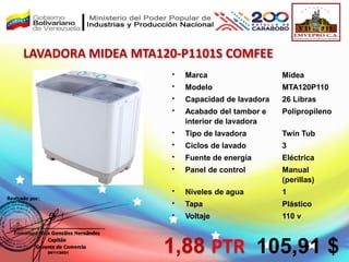  Marca Midea
 Modelo MTA120P110
 Capacidad de lavadora 26 Libras
 Acabado del tambor e
interior de lavadora
Polipropileno
 Tipo de lavadora Twin Tub
 Ciclos de lavado 3
 Fuente de energía Eléctrica
 Panel de control Manual
(perillas)
 Niveles de agua 1
 Tapa Plástico
 Voltaje 110 v
LAVADORA MIDEA MTA120-P1101S COMFEE
1,88 PTR 105,91 $
 